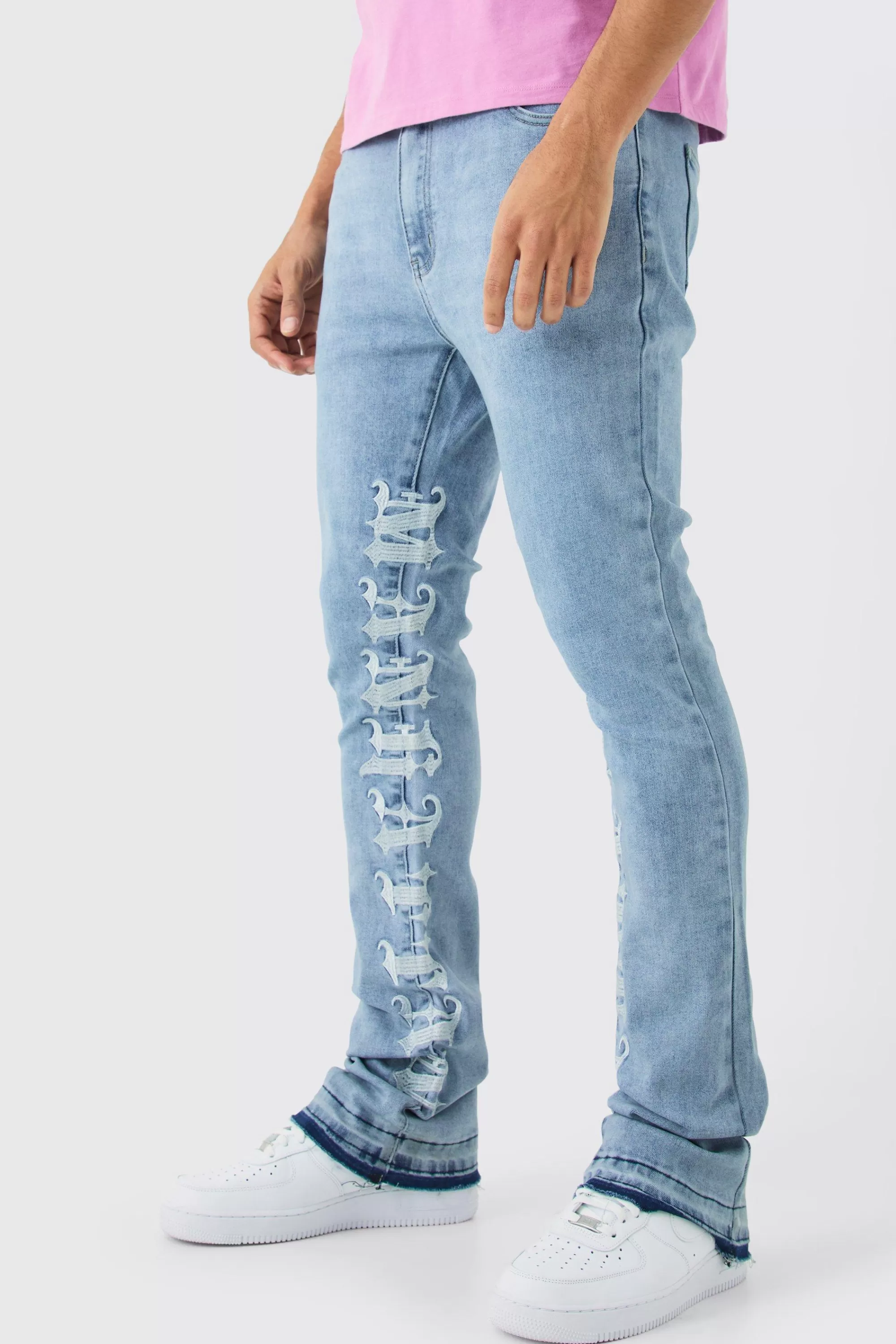 boohooMAN Skinny Stretch Stacked Distressed Embroidered Gusset Jeans | UK