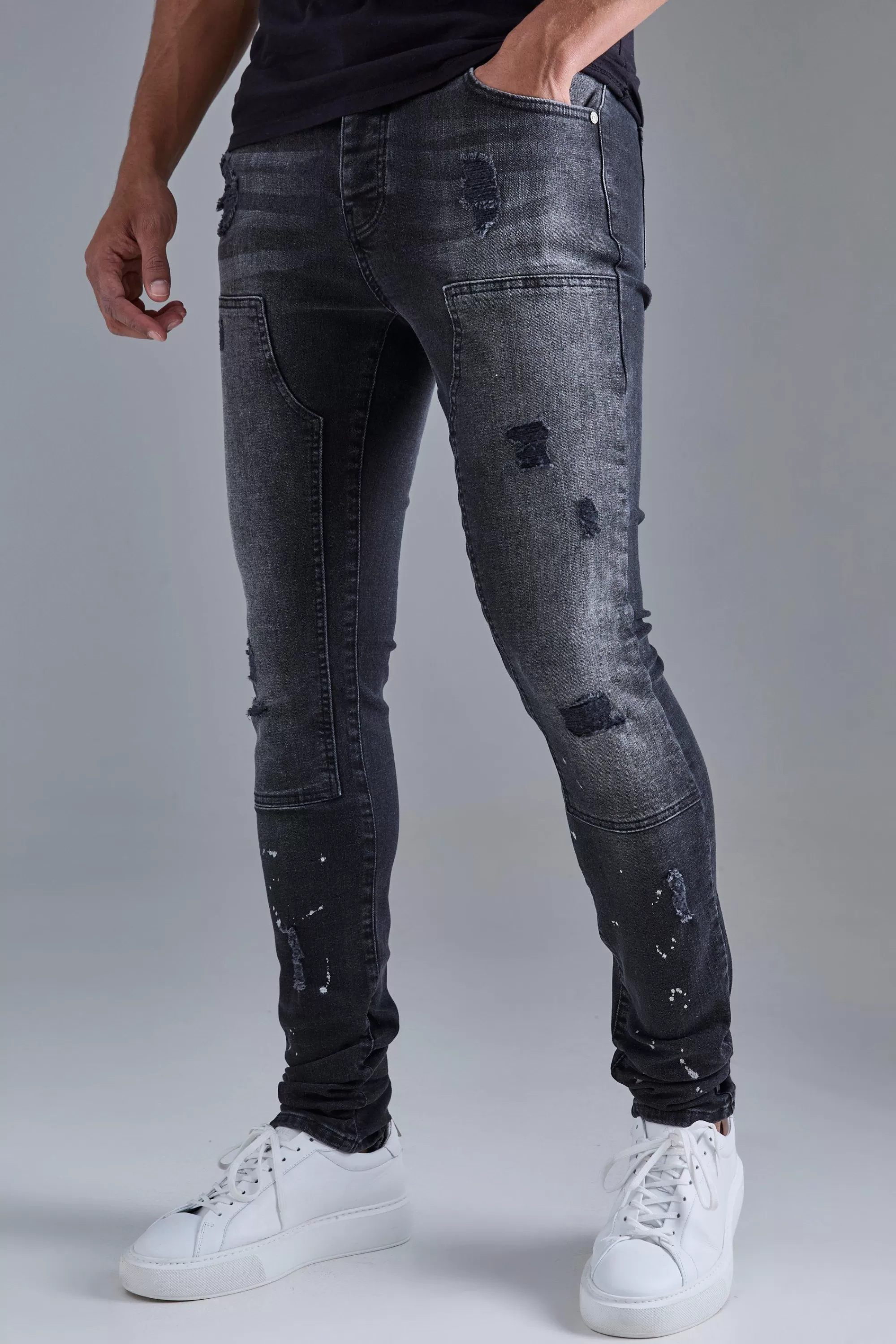 boohooMAN Skinny Stretch Stacked Ripped Carpenter Zip Hem Jeans In | UK