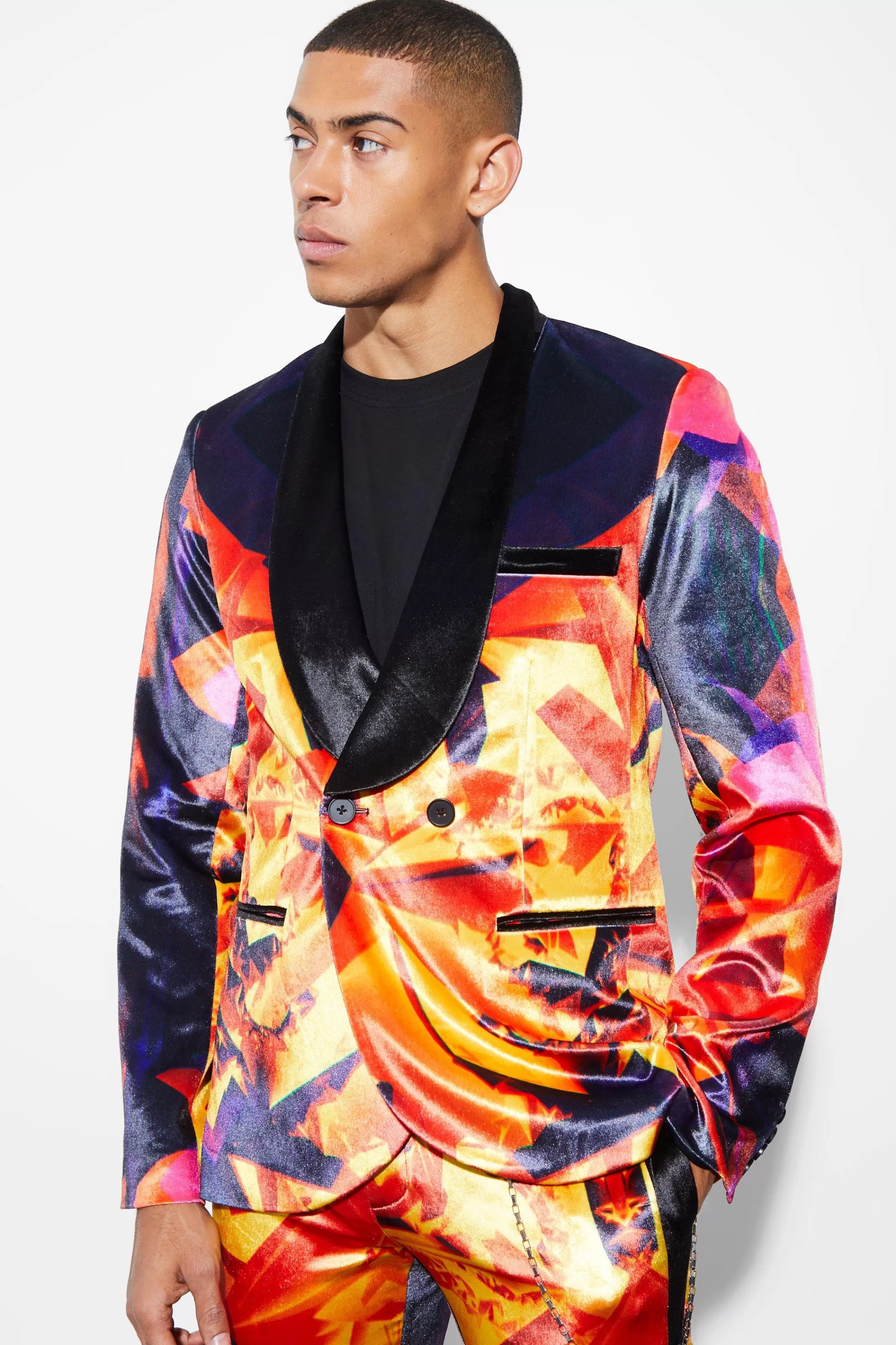 boohooMAN Slim Double Breasted Velour Suit Jacket | UK