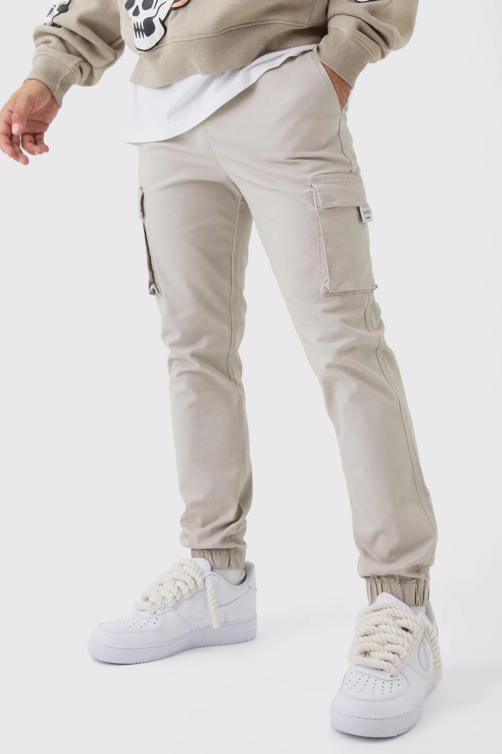 boohooMAN Slim Fit Elasticated Waist Woven Tab Cuffed Cargo Trousers | UK