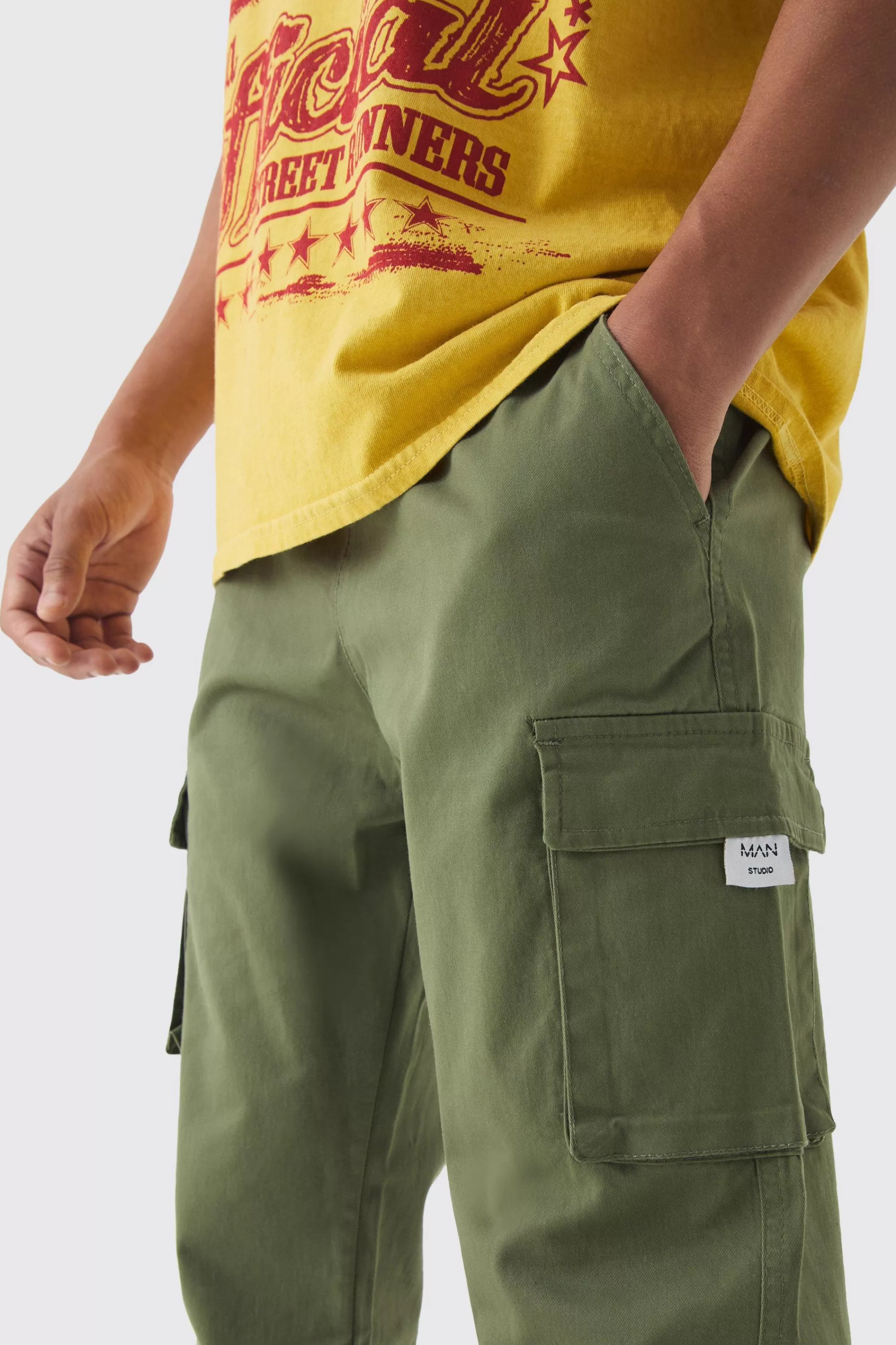 boohooMAN Slim Fit Elasticated Waist Woven Tab Cuffed Cargo Trousers | UK