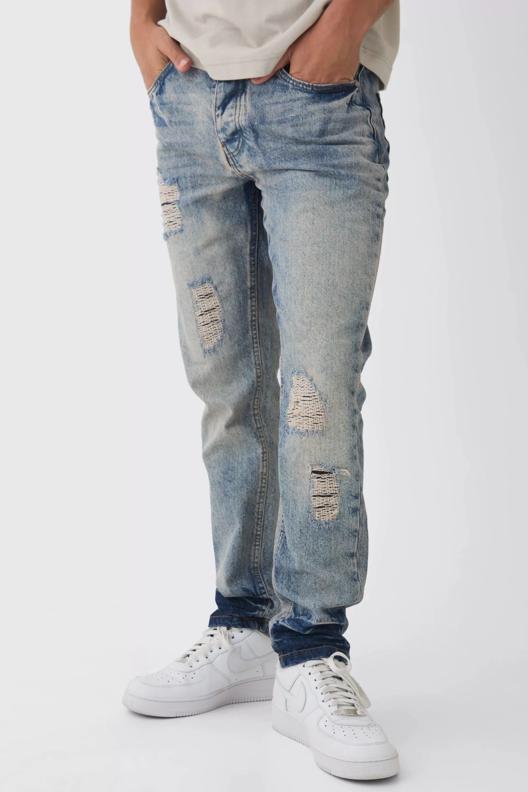 boohooMAN Slim Fit Ripped Stitch Detail Jeans | UK