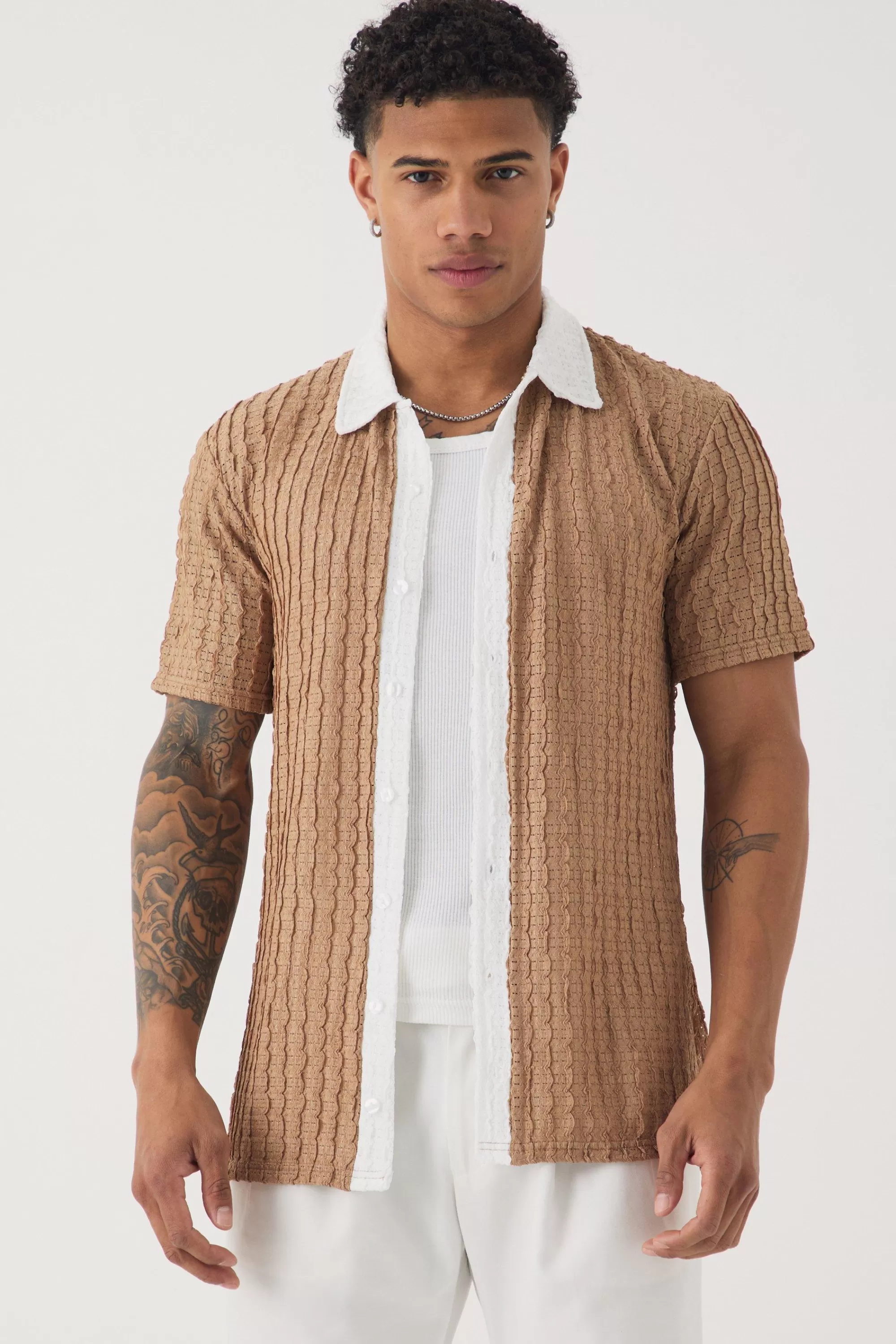 boohooMAN Slim Fit Textured Stripe Short Sleeve Shirt | UK
