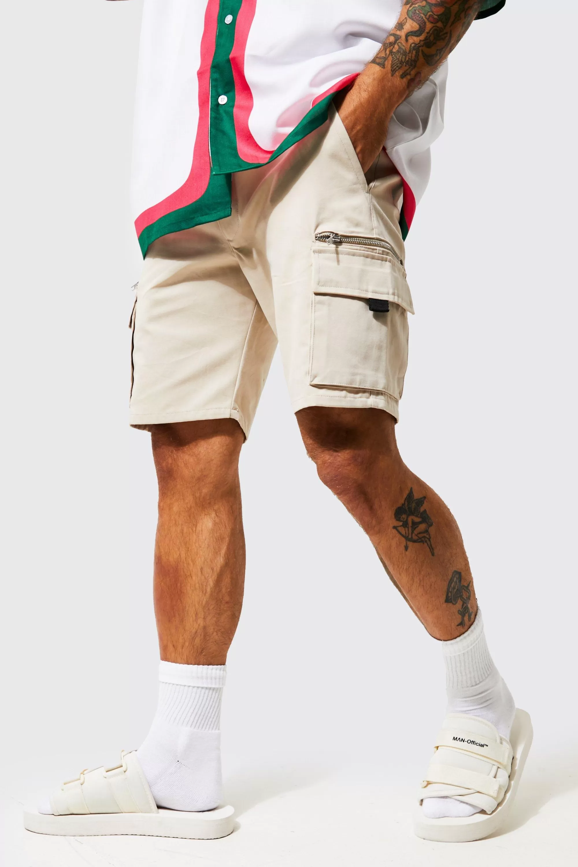 boohooMAN Slim Fit Twill Zip Pocket Cargo Shorts | UK