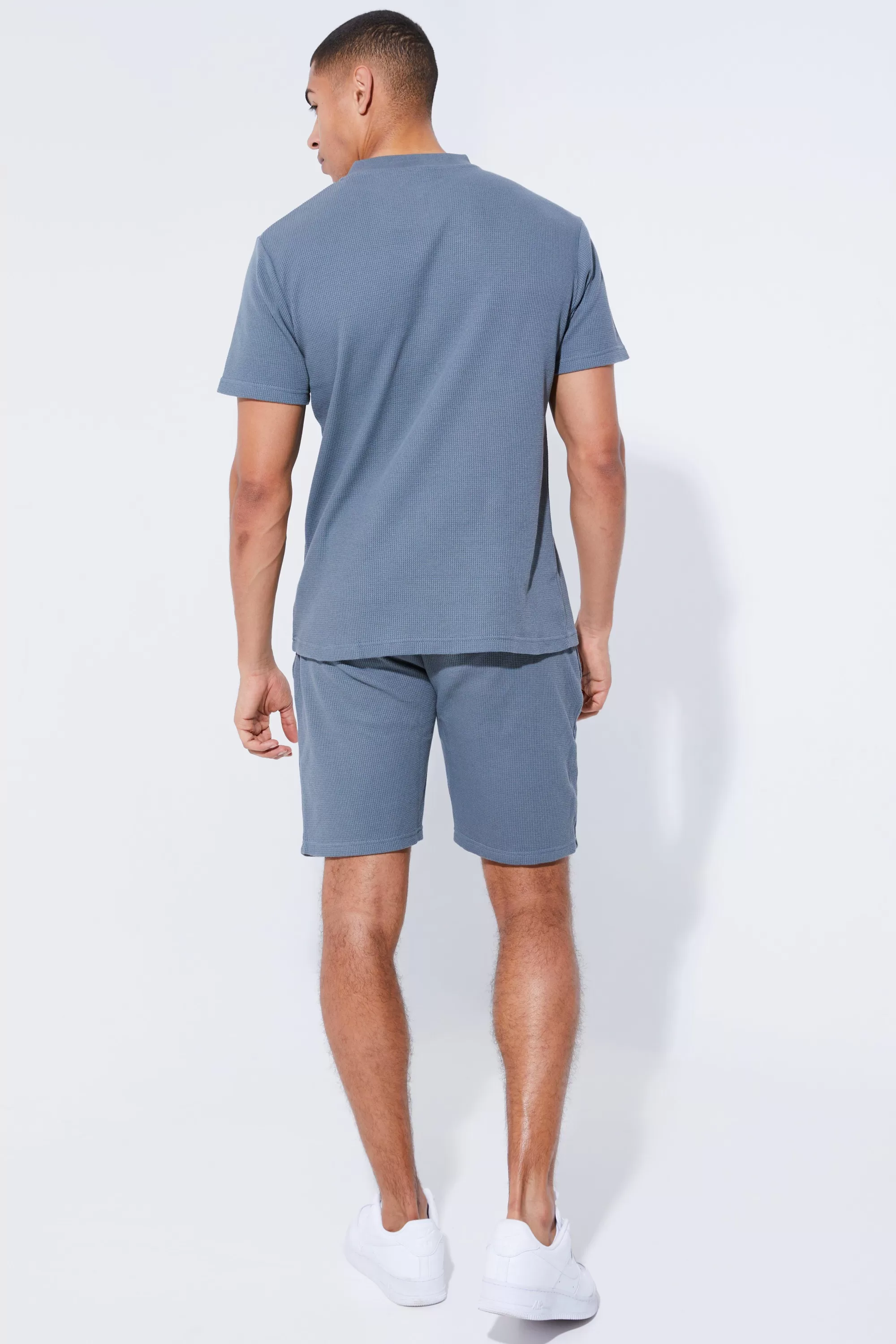 boohooMAN Slim Fit Waffle Bomber Neck Polo & Short Set | UK