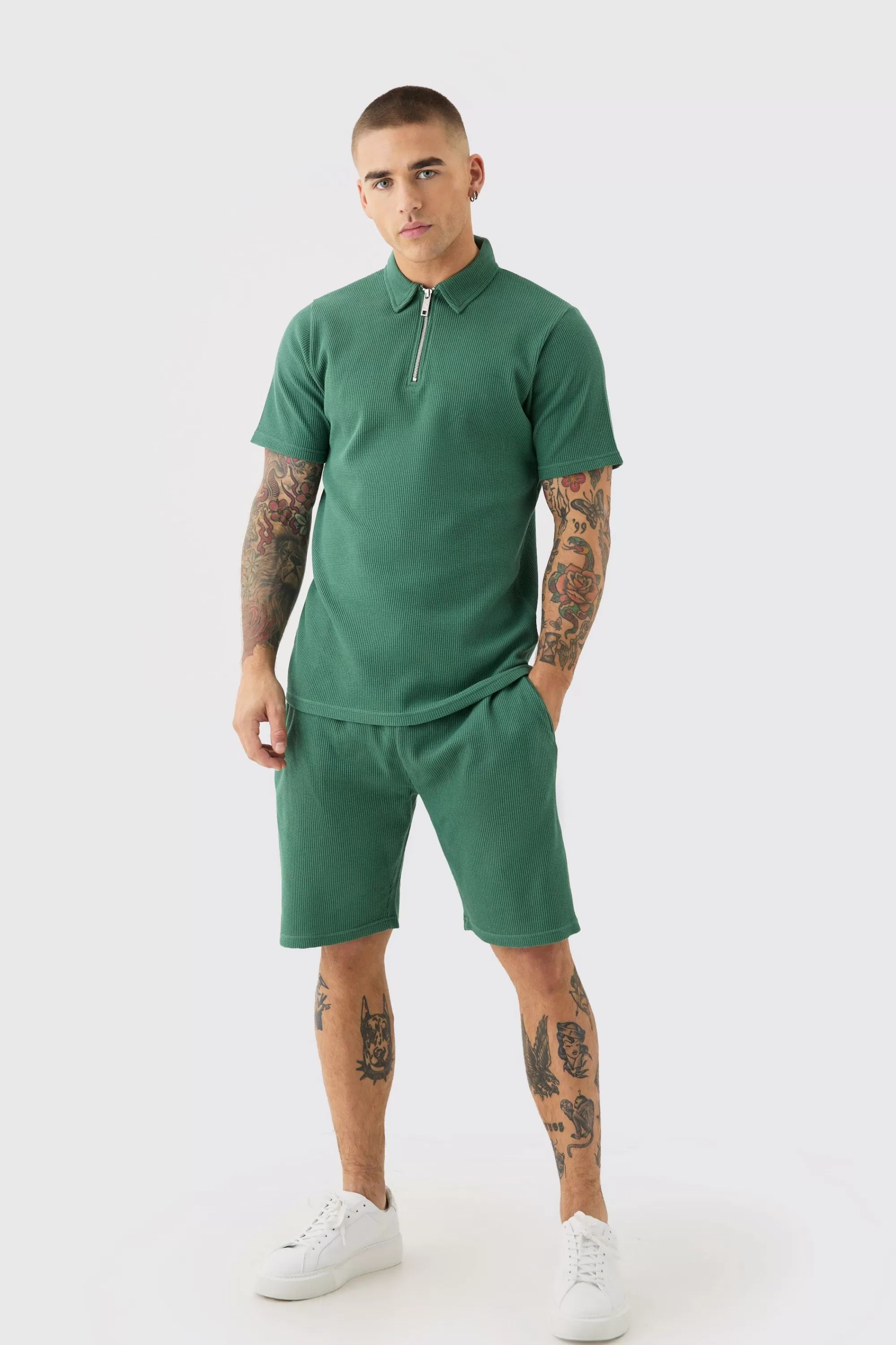boohooMAN Slim Fit Waffle Polo & Short Set | UK