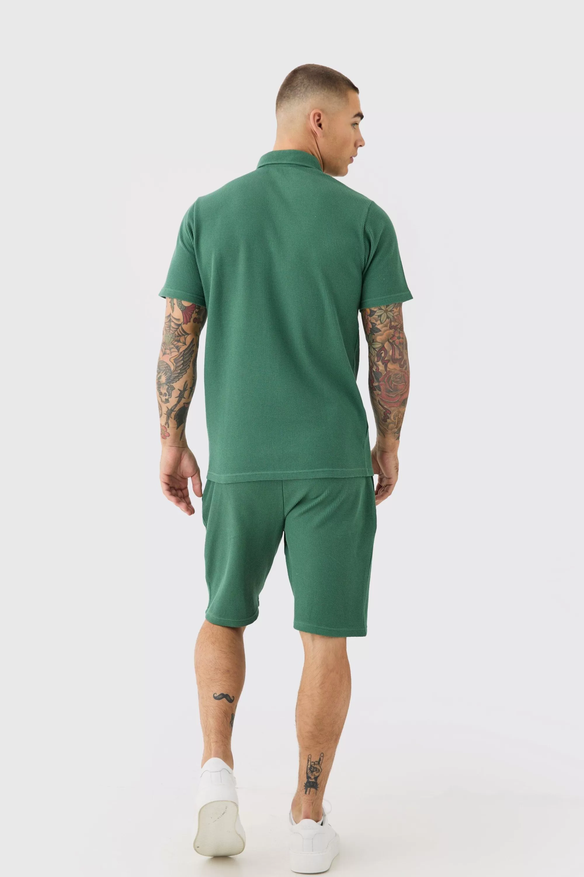 boohooMAN Slim Fit Waffle Polo & Short Set | UK