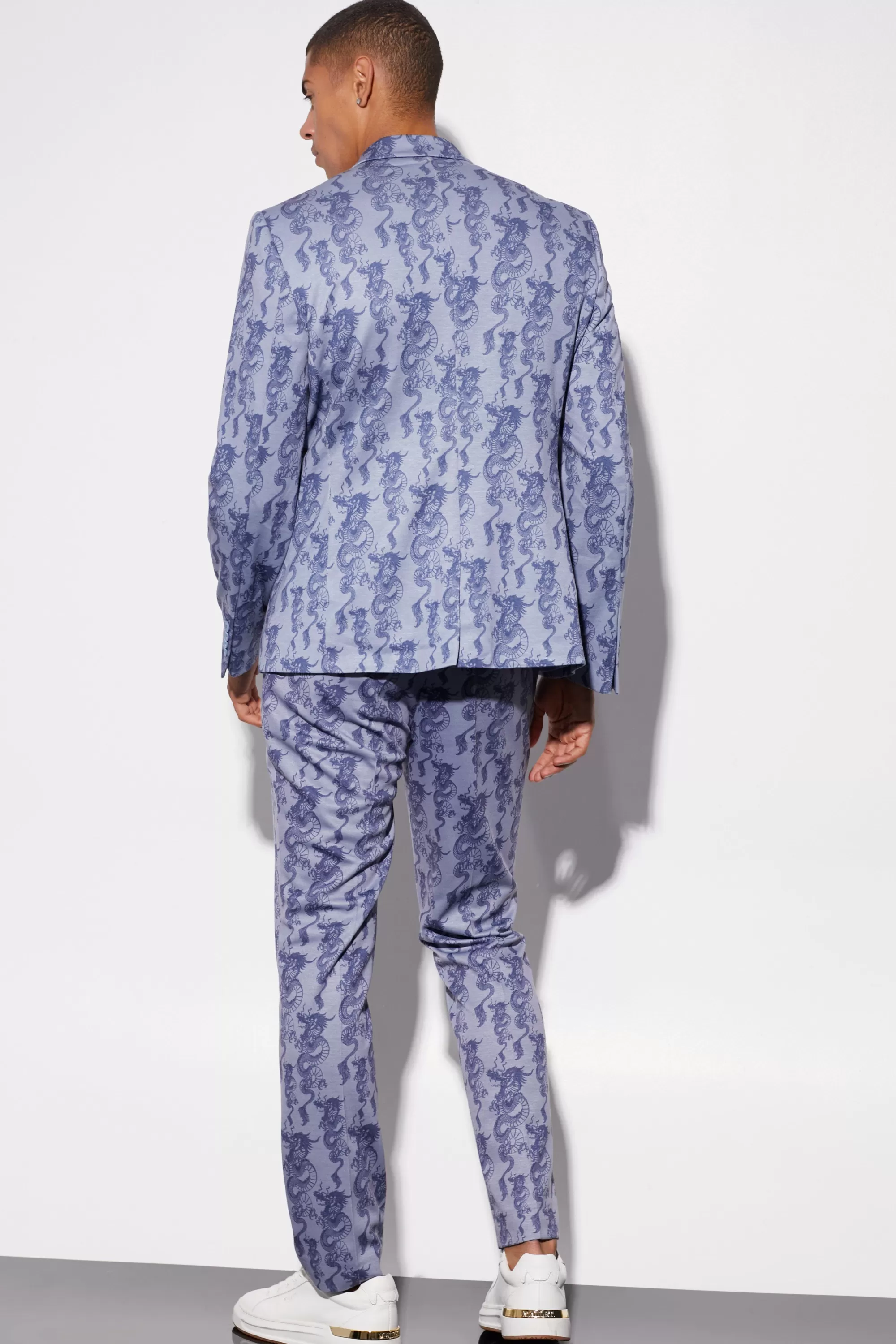 boohooMAN Slim Fit Wrap Dragon Printed Suit Jacket | UK