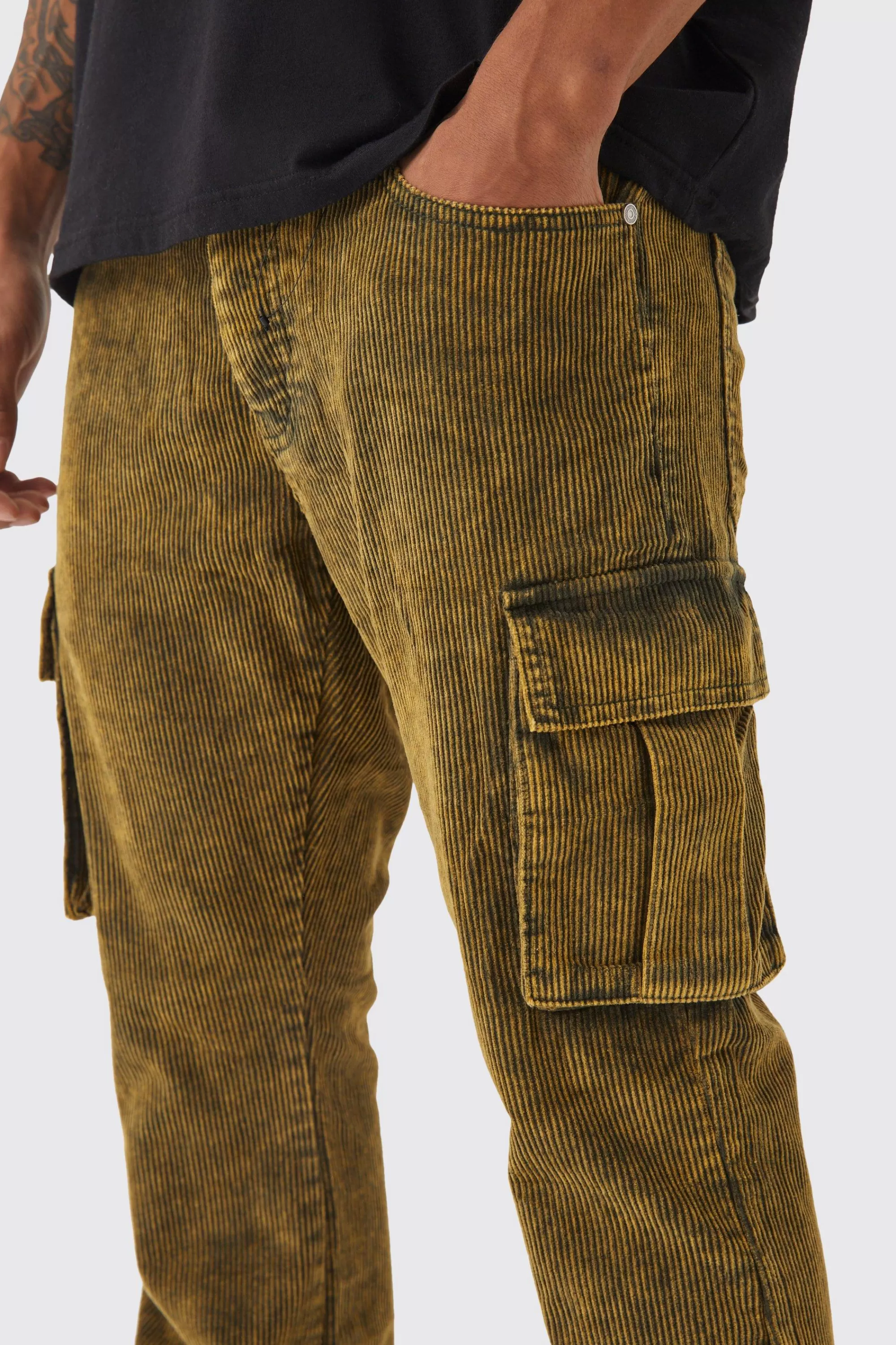 boohooMAN Slim Flare Acid Wash Cargo Corduroy Trouser | UK