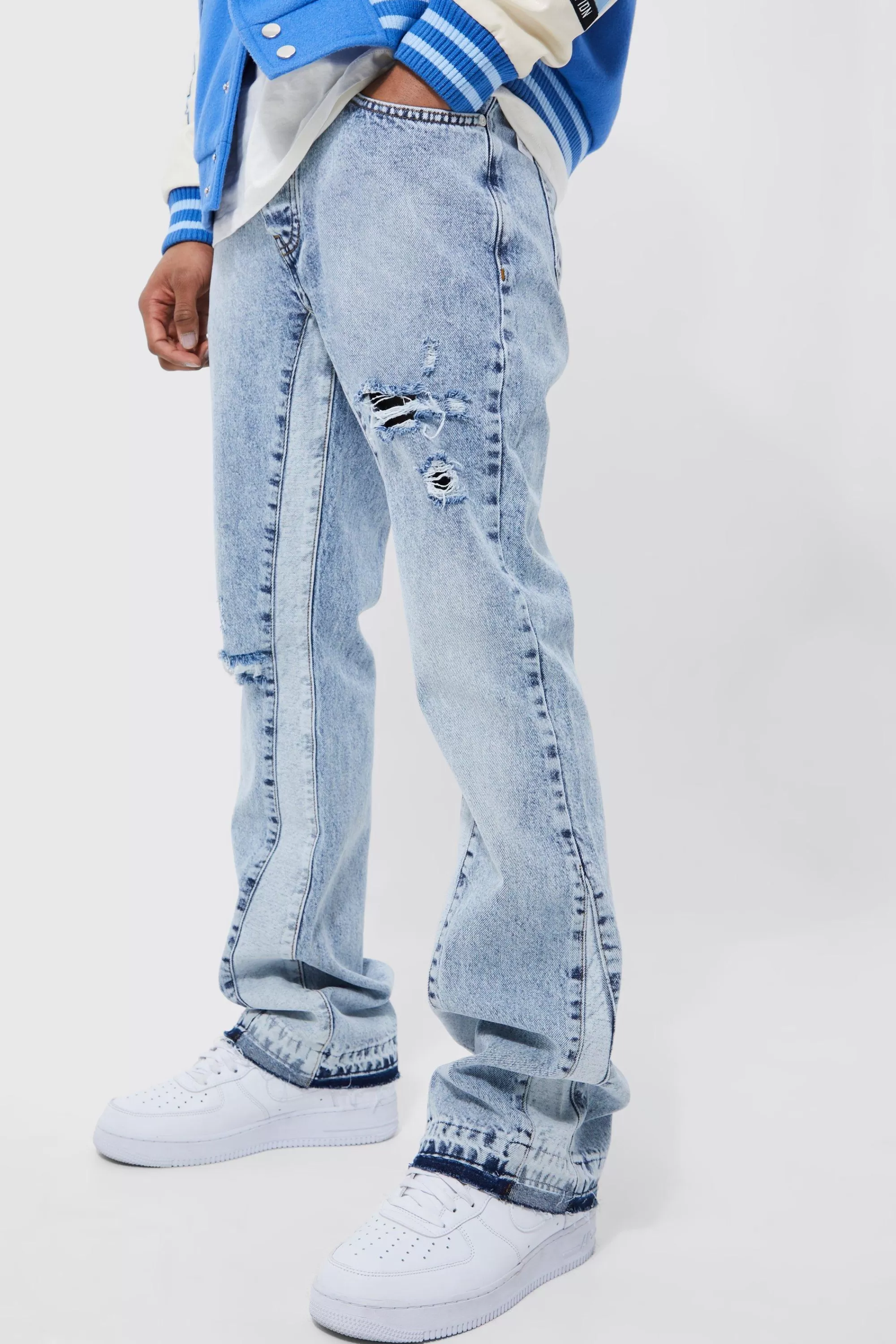 boohooMAN Slim Flare Distressed Gusset Panel Jeans | UK