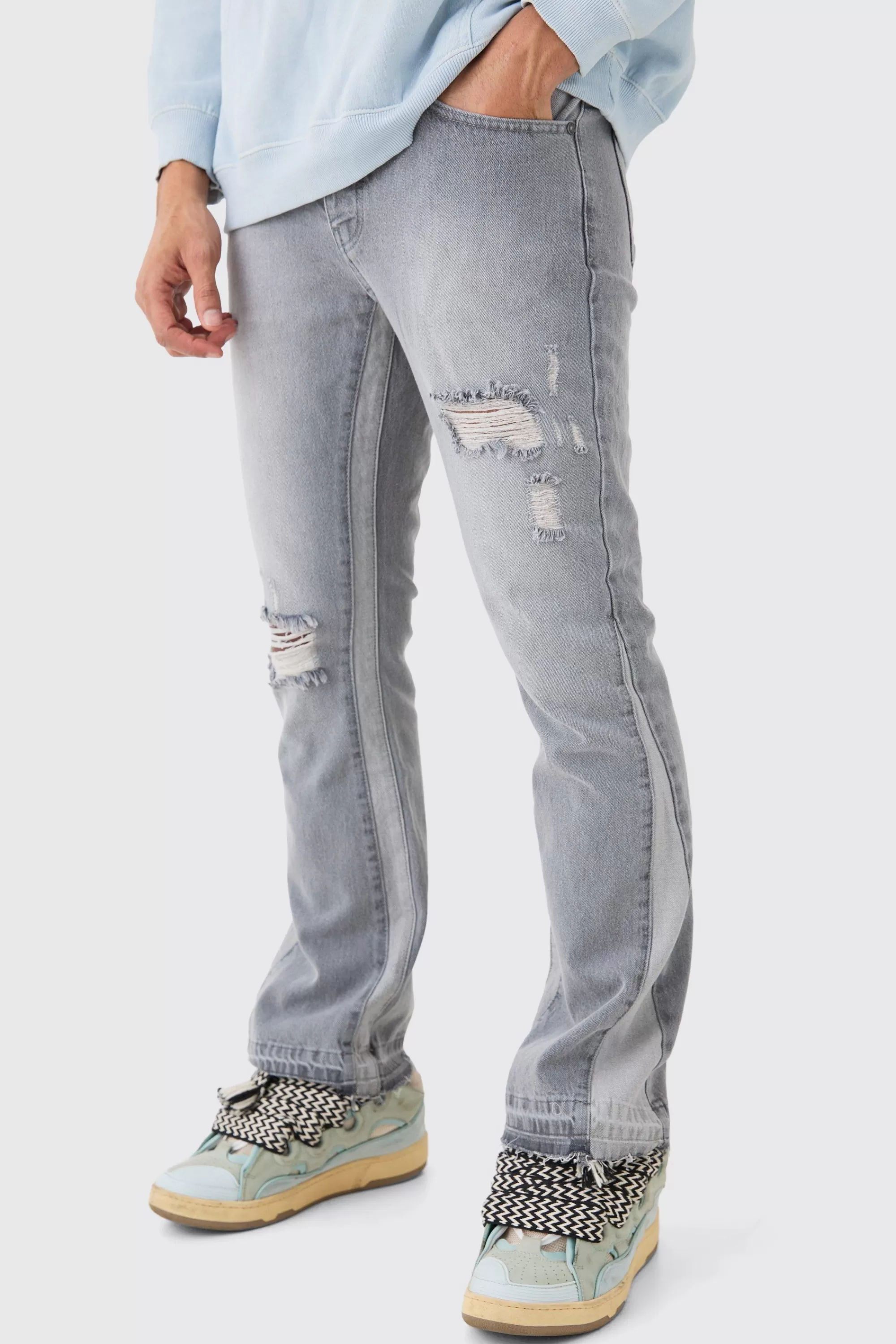 boohooMAN Slim Flare Distressed Gusset Panel Jeans | UK