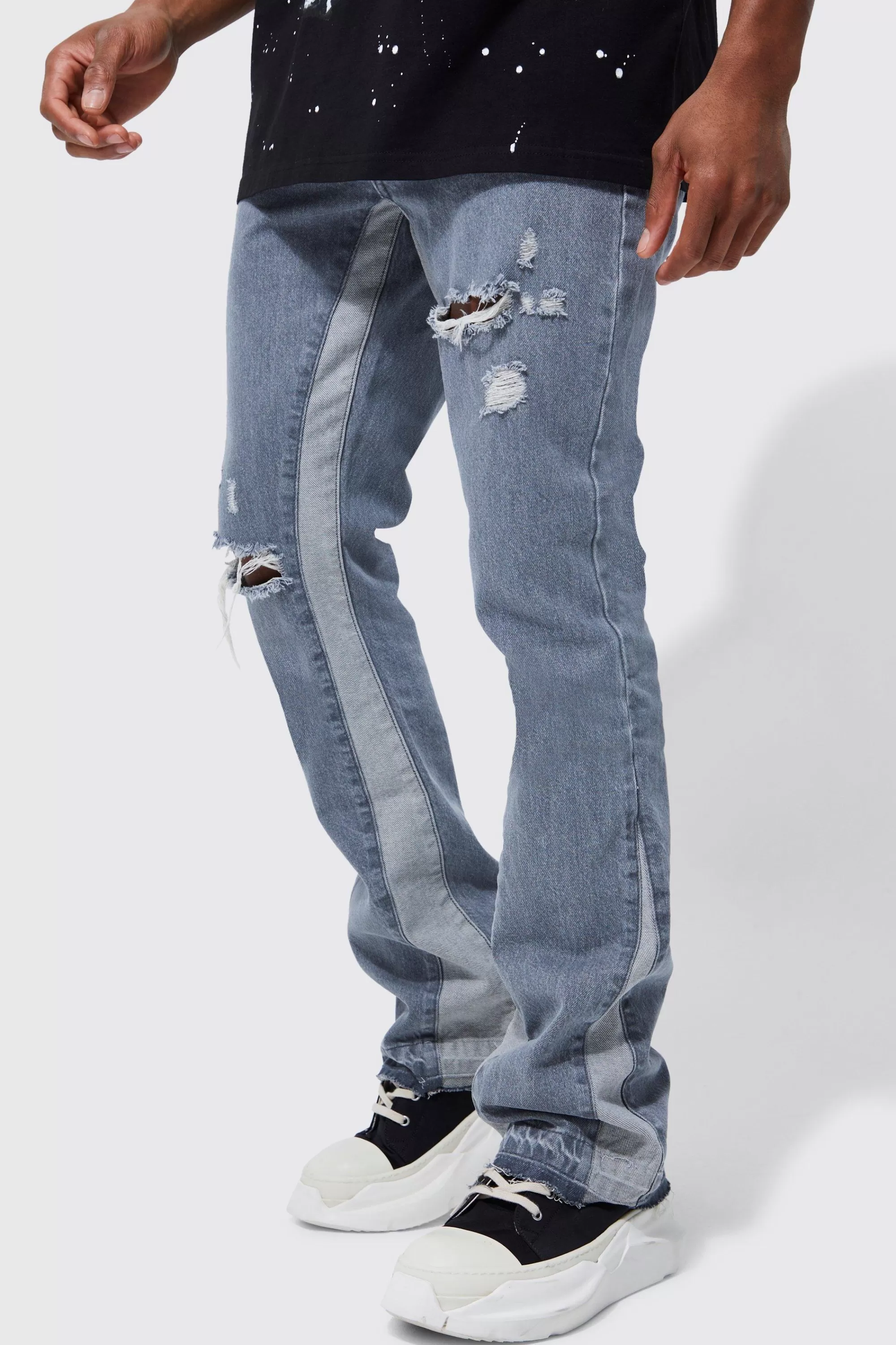 boohooMAN Slim Flare Distressed Panel Jeans | UK