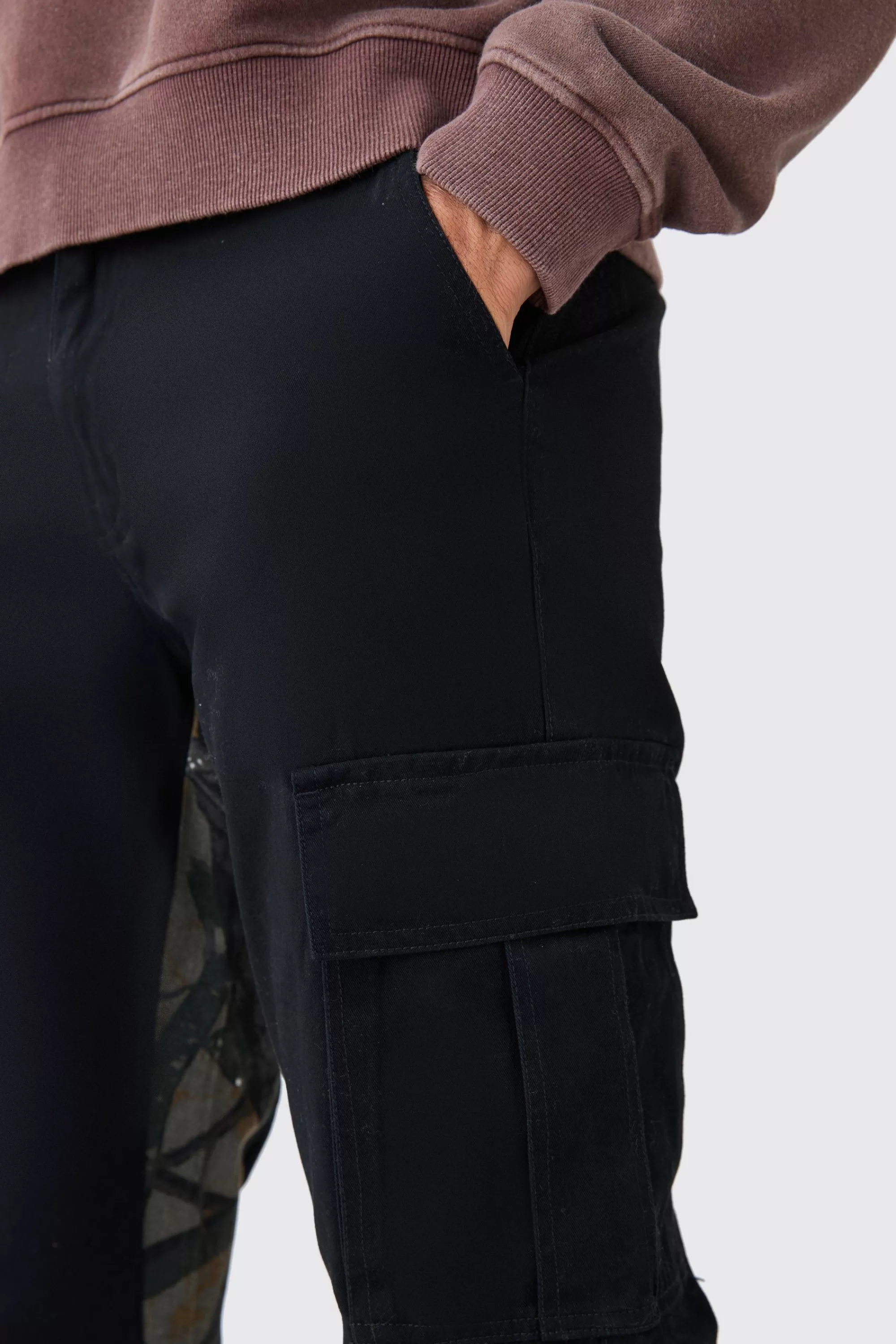 boohooMAN Slim Flare Forrest Camo Gusset Cargo Trouser | UK