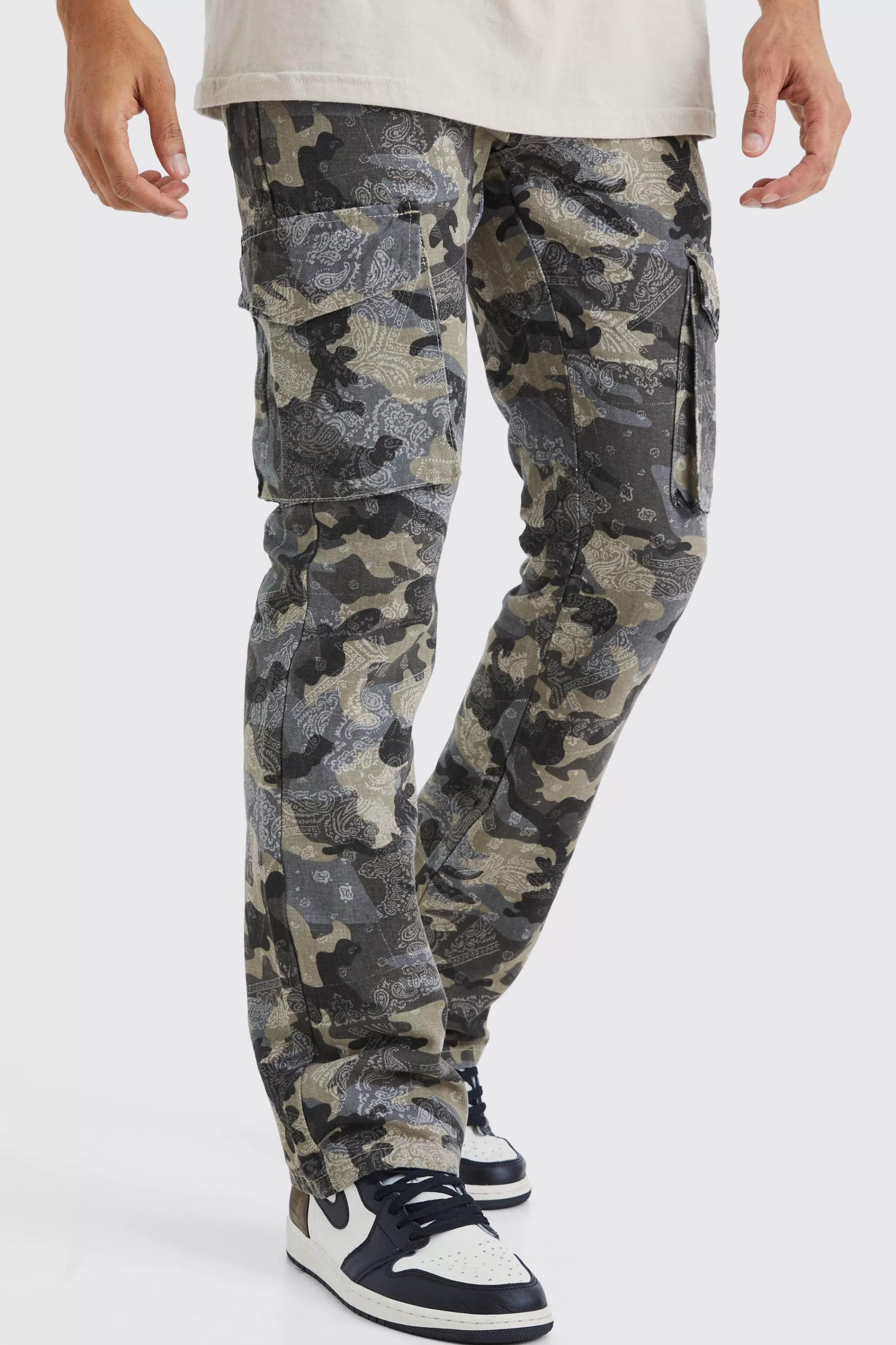 boohooMAN Slim Flare Gusset Camo Bandana Cargo Trouser | UK