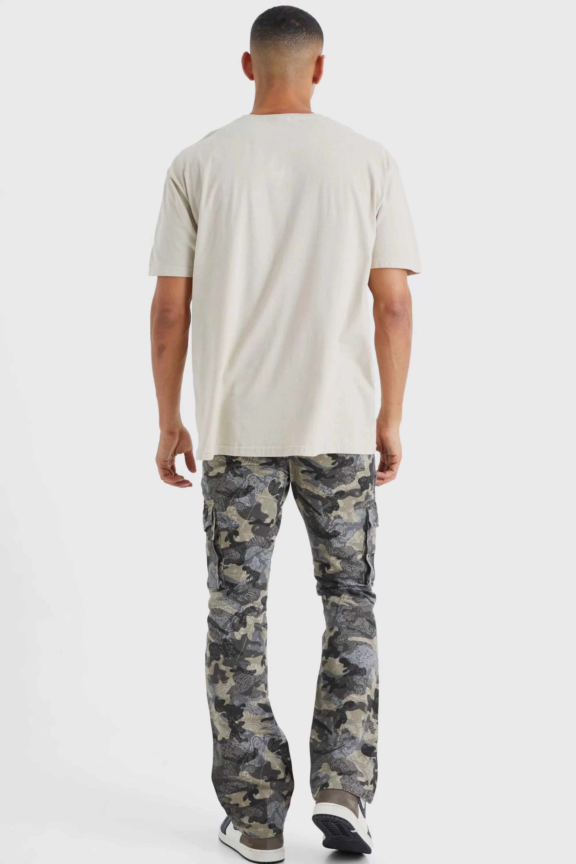 boohooMAN Slim Flare Gusset Camo Bandana Cargo Trouser | UK