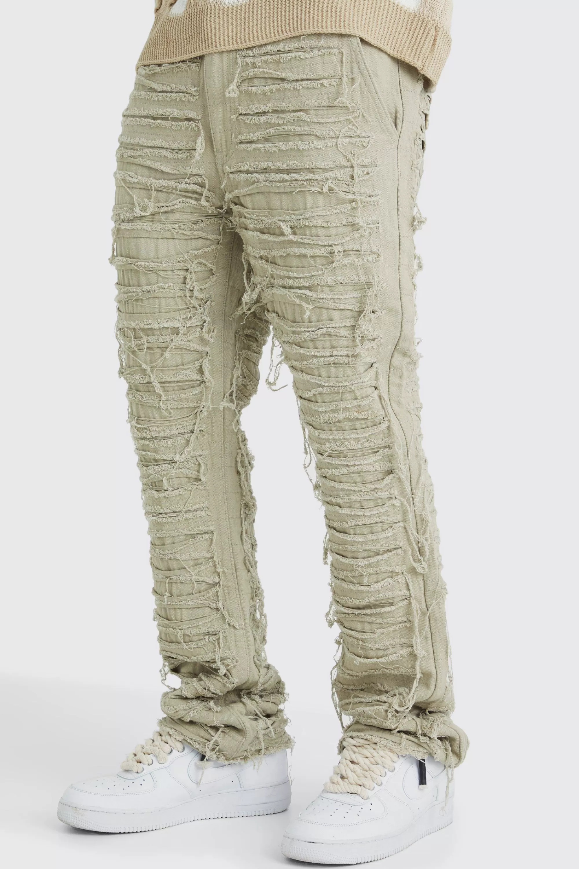 boohooMAN Slim Flare Heavily Distressed Trouser | UK