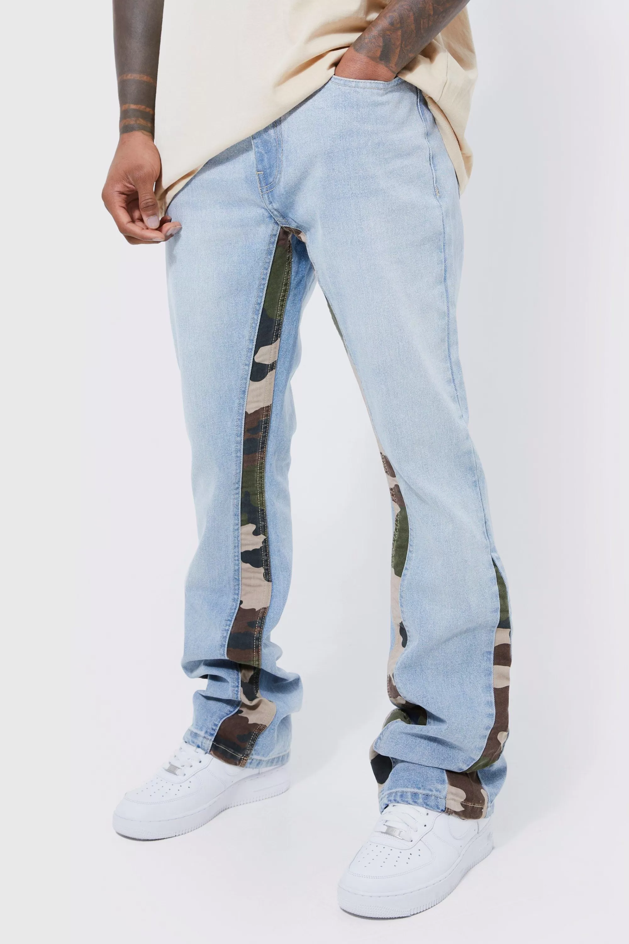 boohooMAN Slim Flare Jeans With Camo Panels | UK