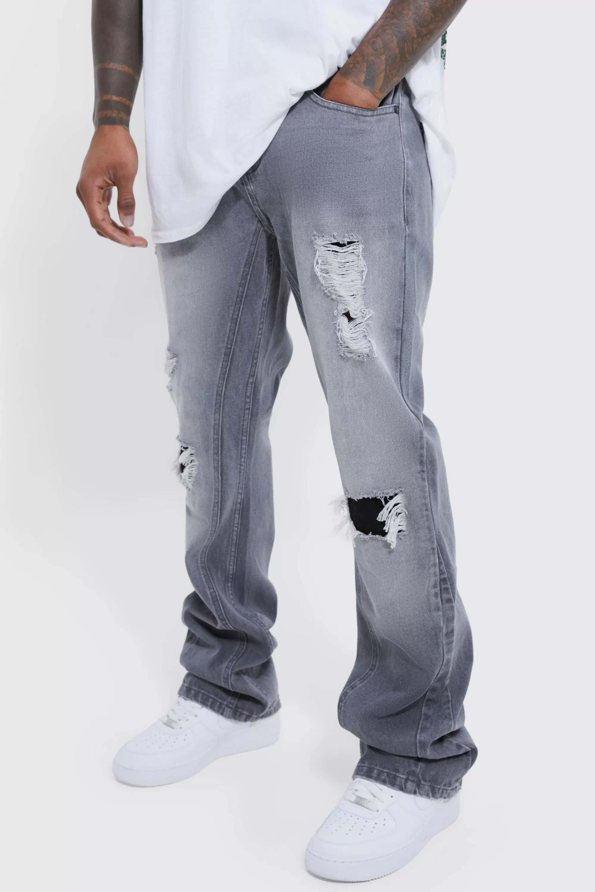 boohooMAN Slim Flare Rip And Repair Jeans | UK