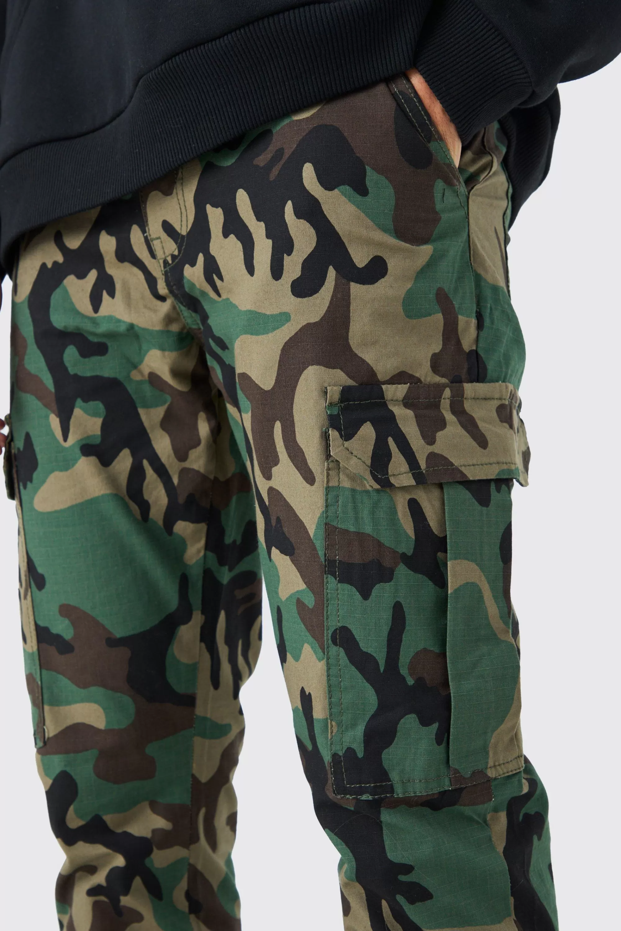 boohooMAN Slim Flare Ripstop Camo Cargo Trouser With Popper Hem | UK