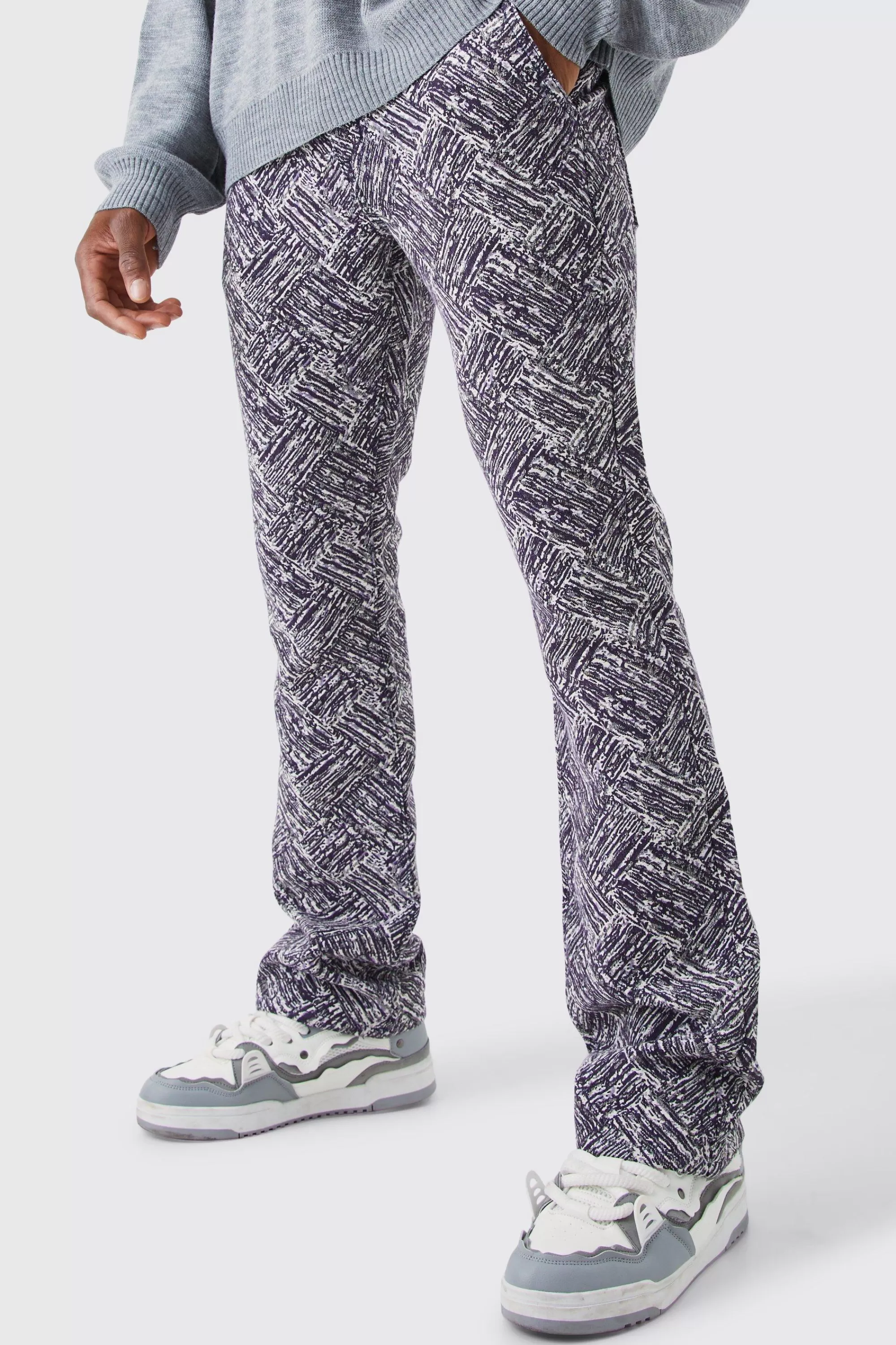 boohooMAN Slim Flare Tapestry Trouser | UK