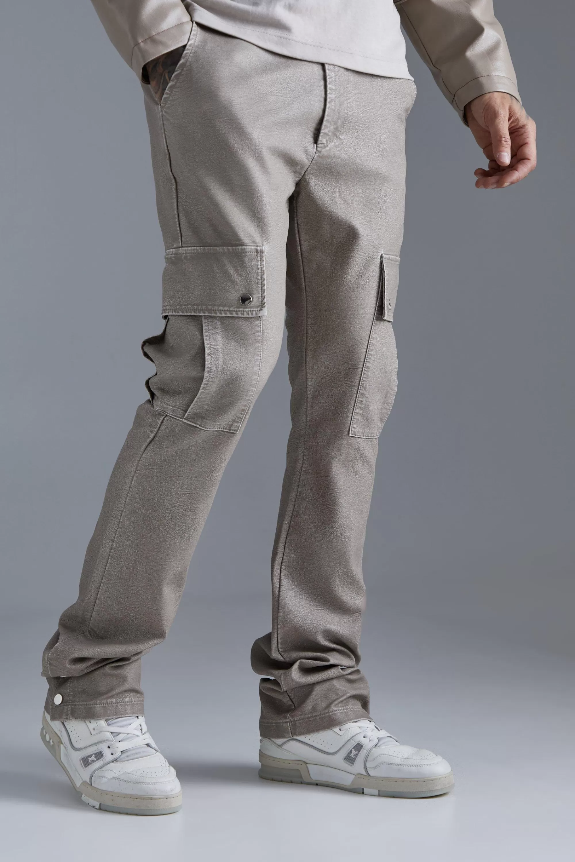 boohooMAN Slim Flare Washed Pu Cargo Popper Hem Trouser | UK