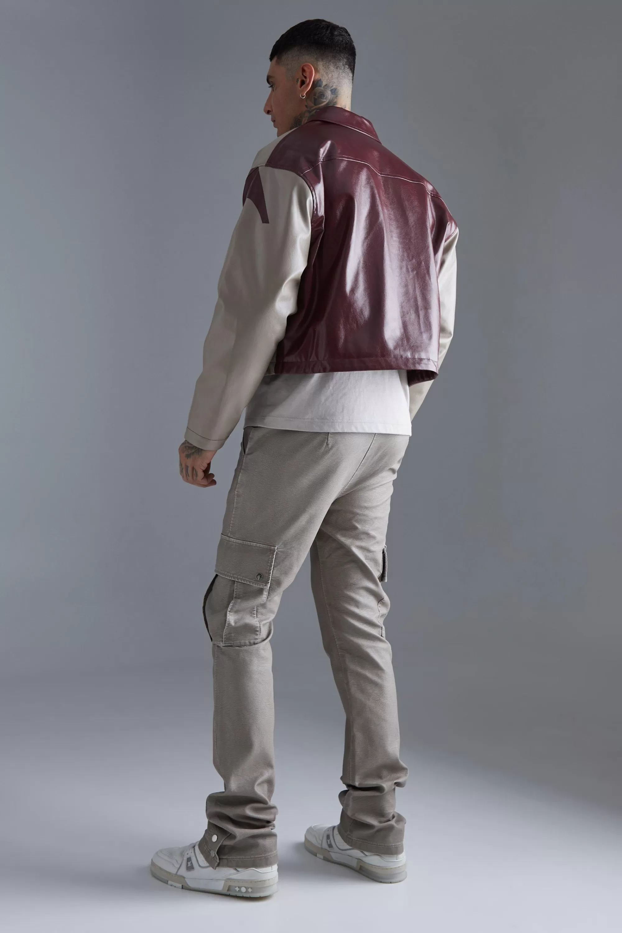 boohooMAN Slim Flare Washed Pu Cargo Popper Hem Trouser | UK