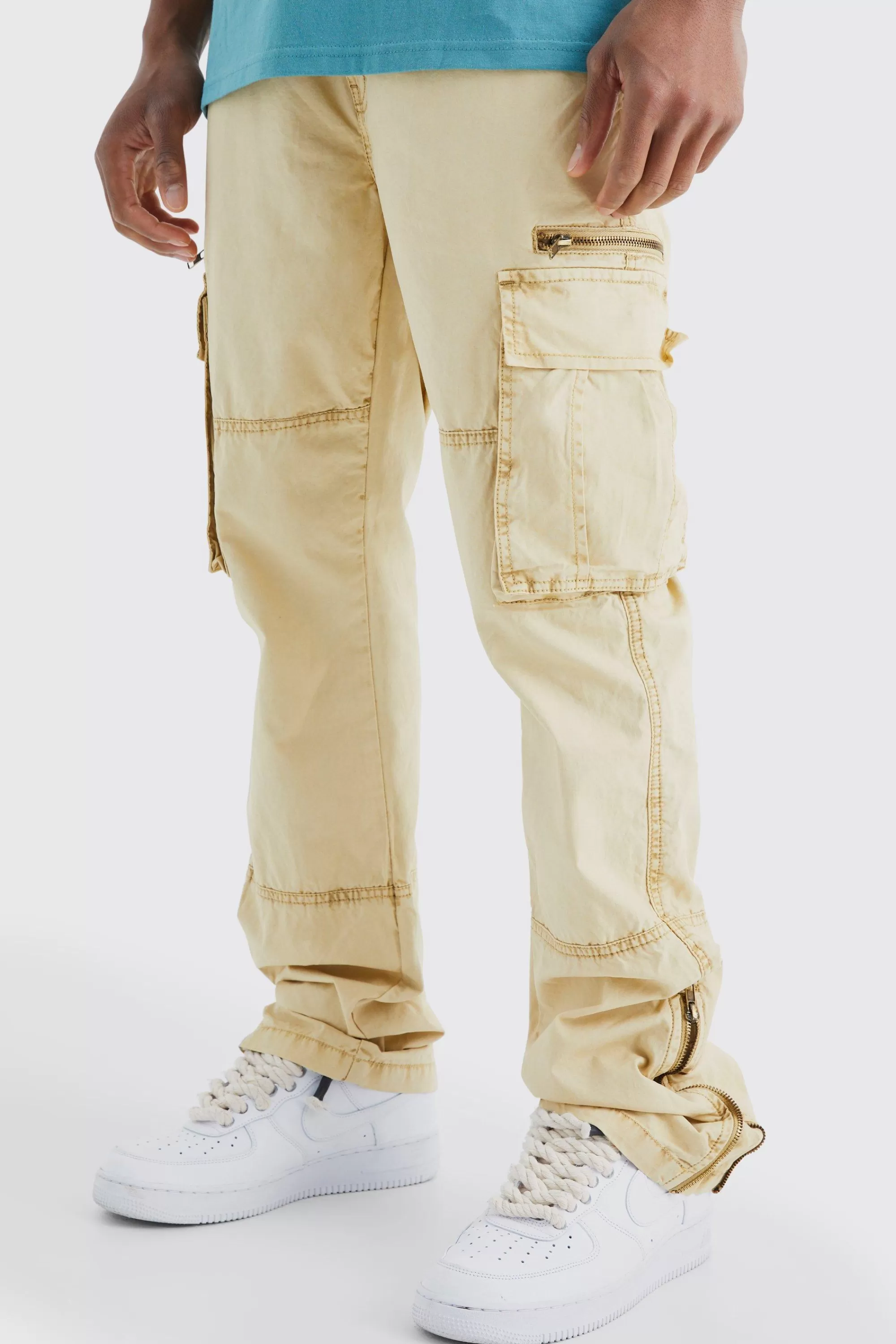 boohooMAN Slim Flare Zip Gusset Overdye Acid Wash Cargo Trouser | UK