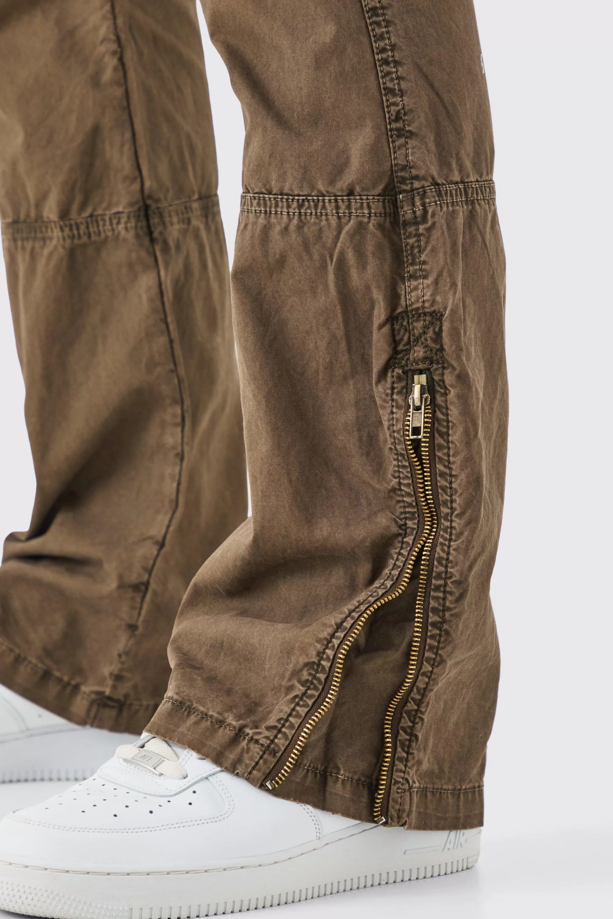 boohooMAN Slim Flare Zip Gusset Overdye Acid Wash Cargo Trouser | UK