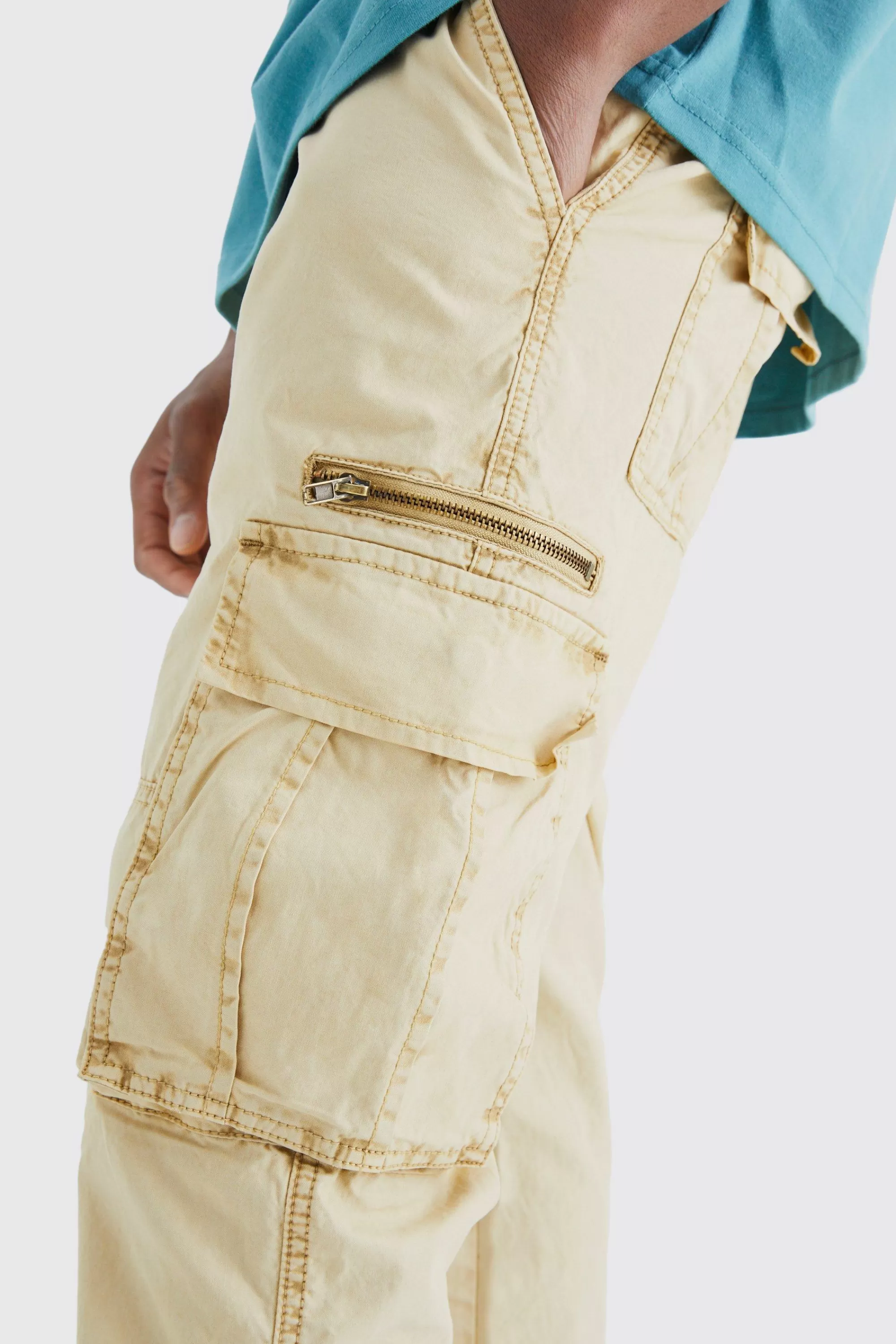 boohooMAN Slim Flare Zip Gusset Overdye Acid Wash Cargo Trouser | UK