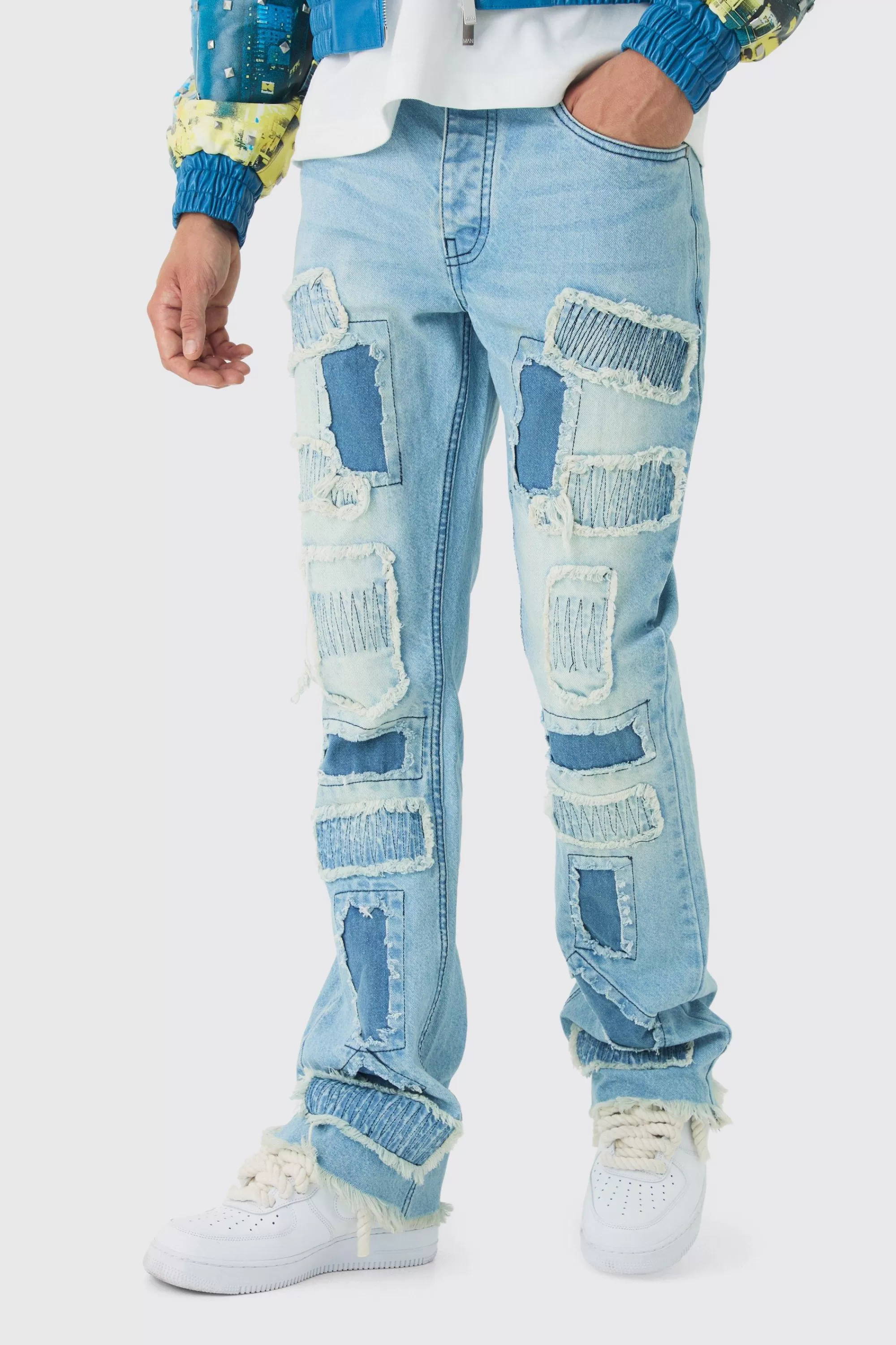 boohooMAN Slim Flared Stacked Rip & Repair Stitch Jeans | UK