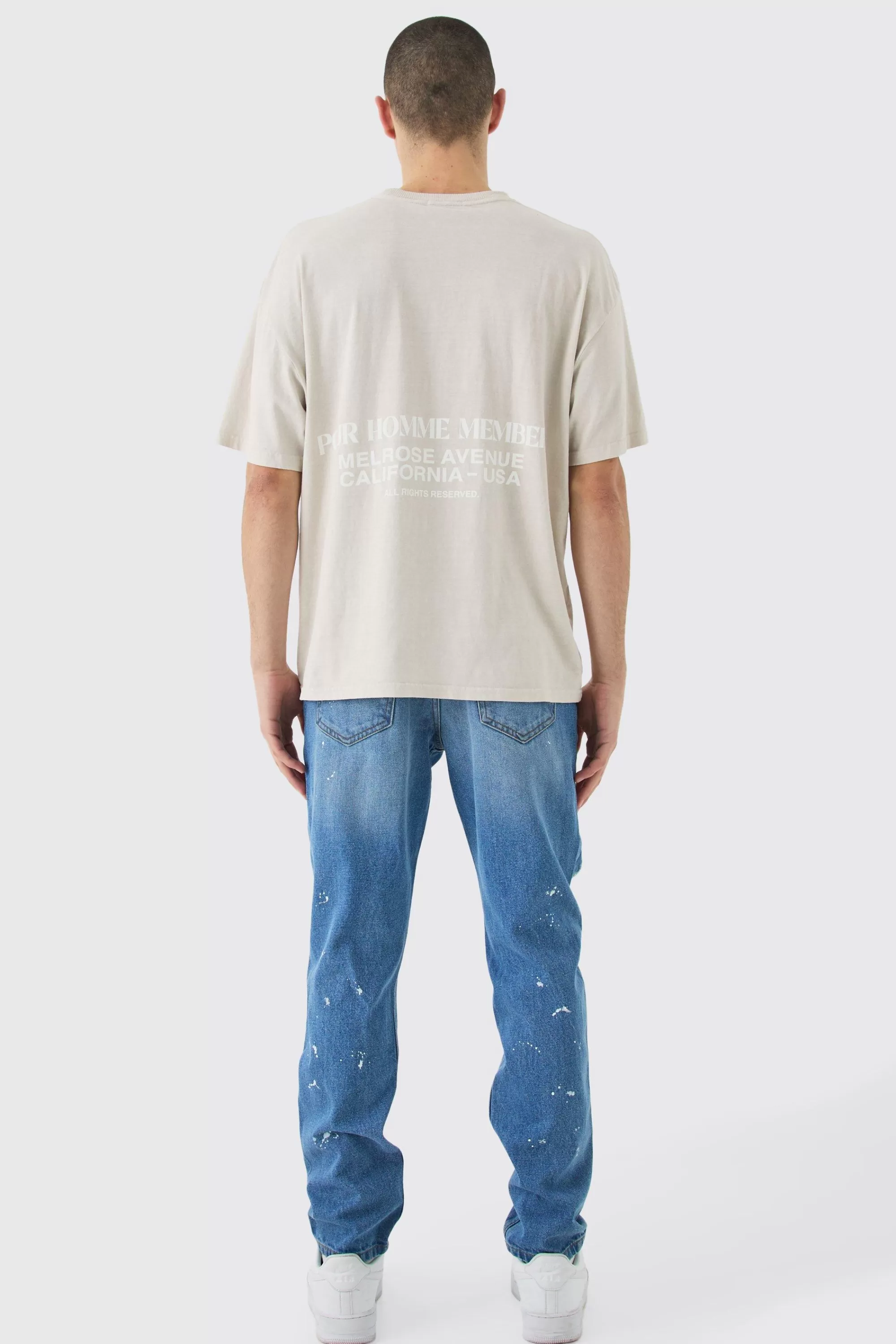 boohooMAN Slim Rigid All Over Paint Detail Knee Ripped Jeans | UK