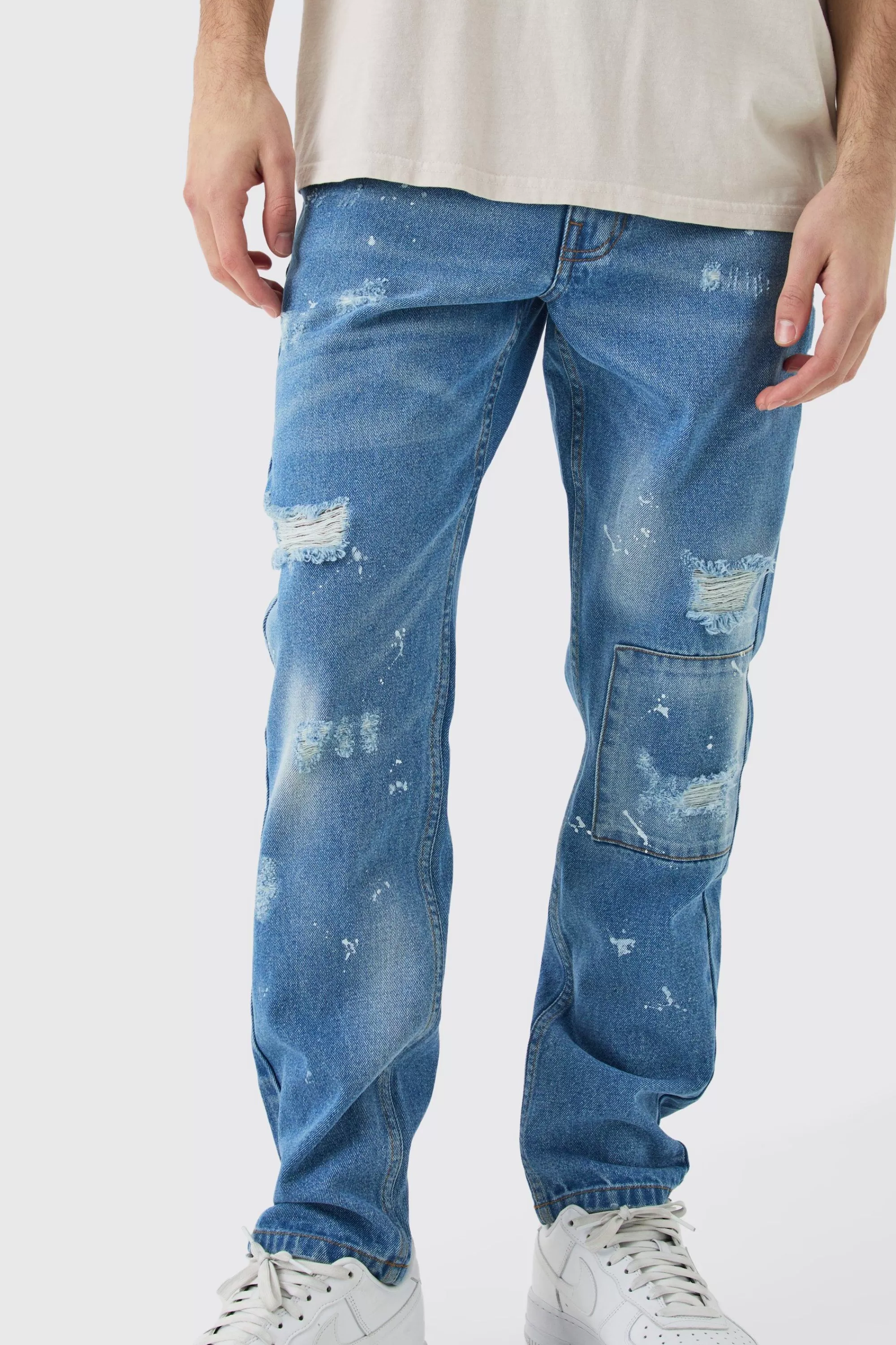 boohooMAN Slim Rigid All Over Paint Detail Knee Ripped Jeans | UK