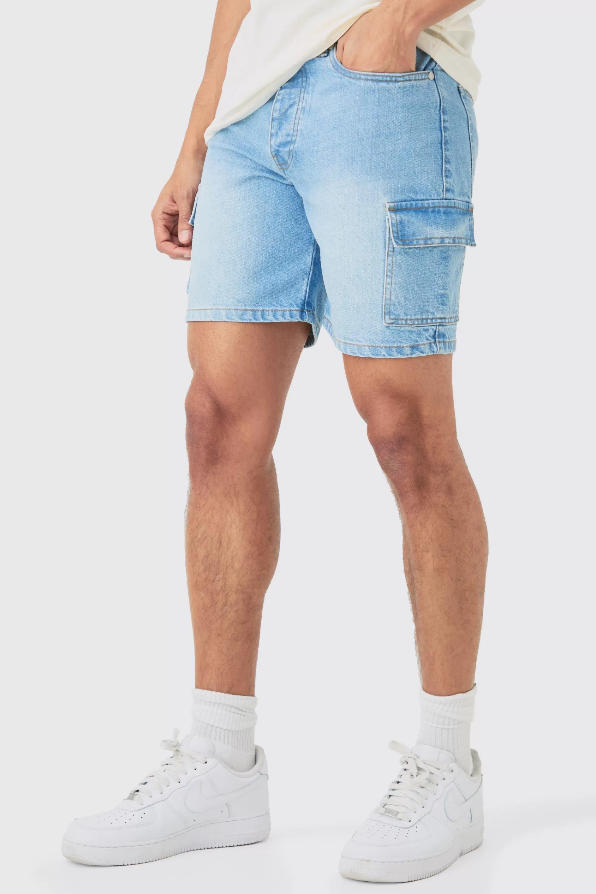 boohooMAN Slim Rigid Cargo Denim Shorts In | UK