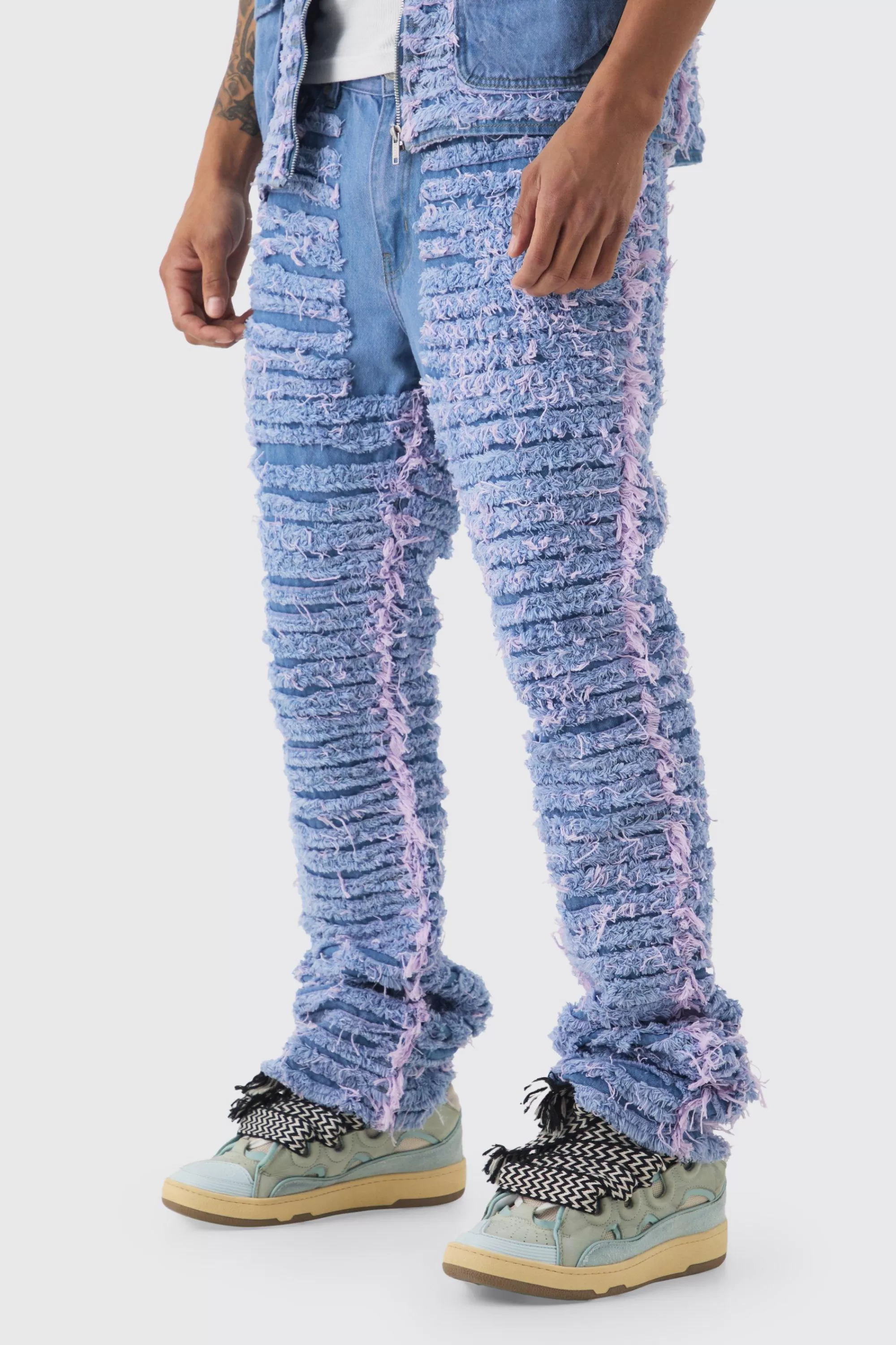 boohooMAN Slim Rigid Flare All Over Distressed Jeans In | UK