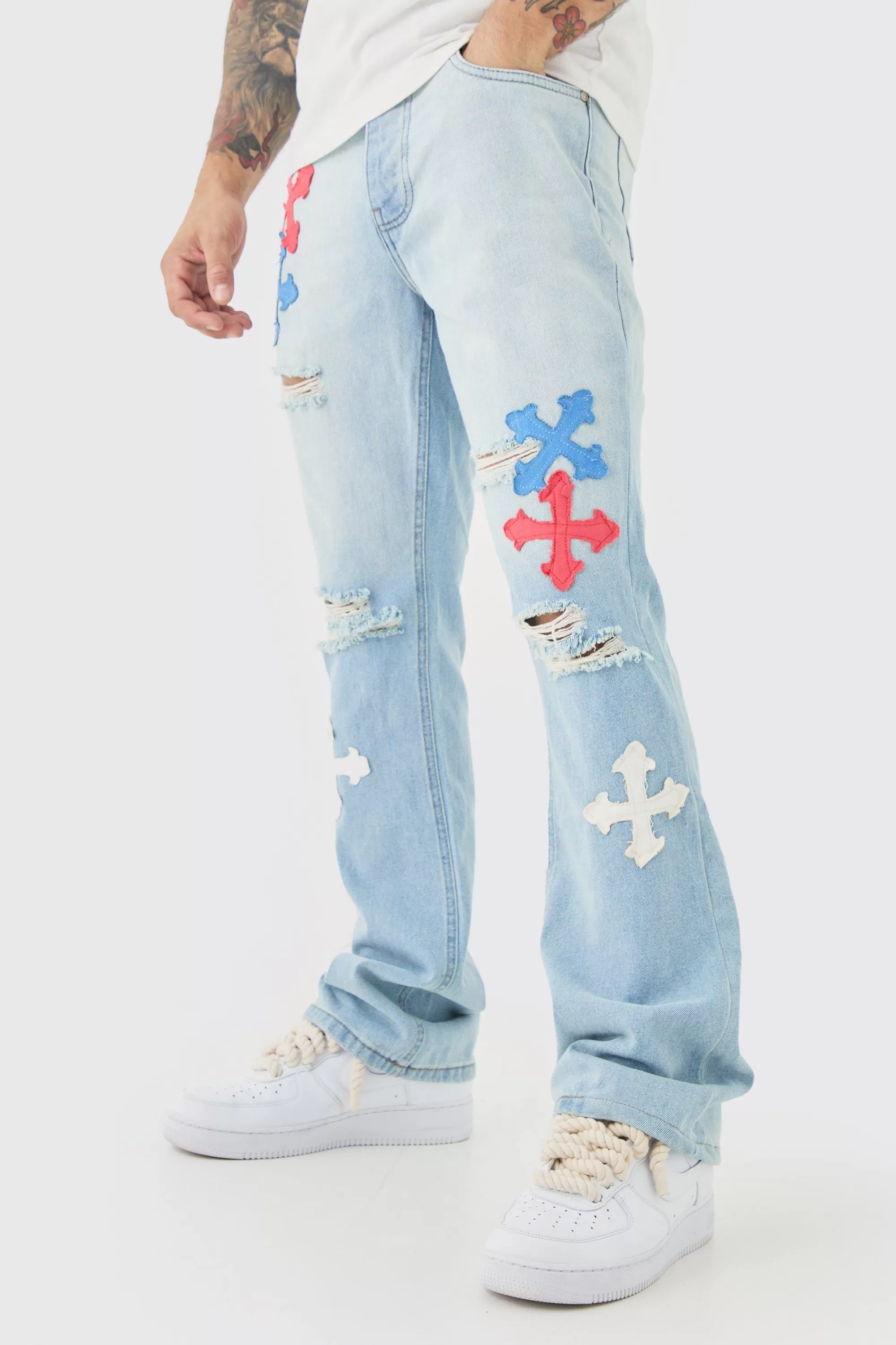 boohooMAN Slim Rigid Flare Applique Jeans In | UK