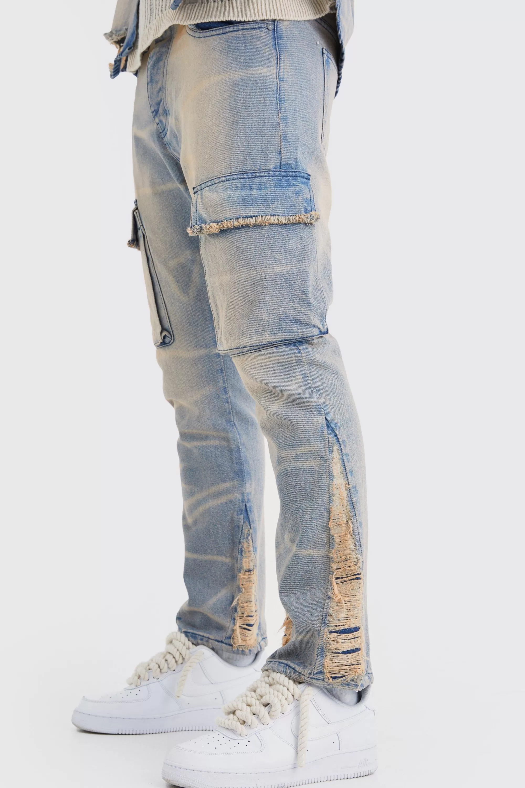boohooMAN Slim Rigid Flare Overdyed Distressed Cargo Jeans | UK