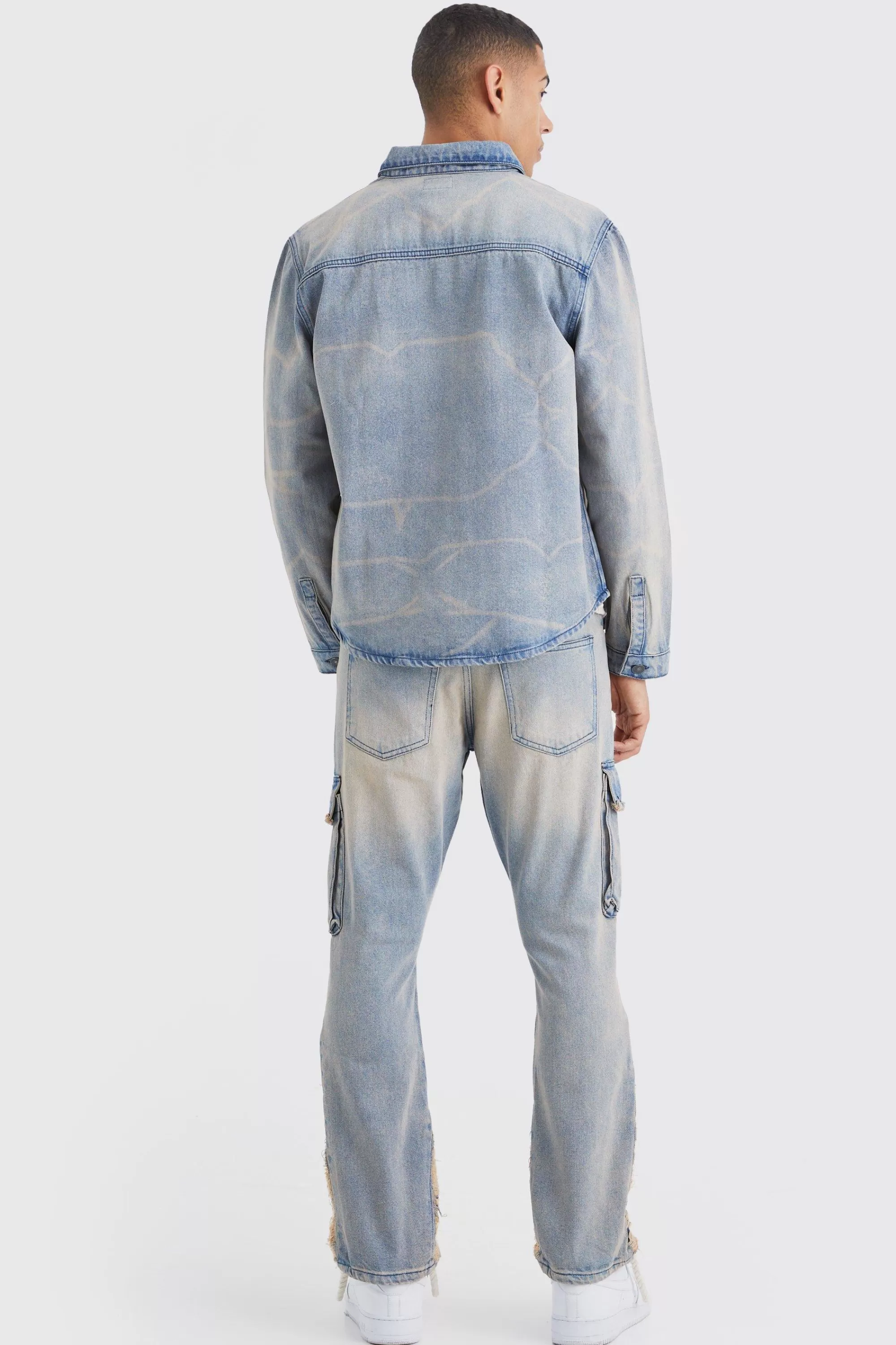 boohooMAN Slim Rigid Flare Overdyed Distressed Cargo Jeans | UK