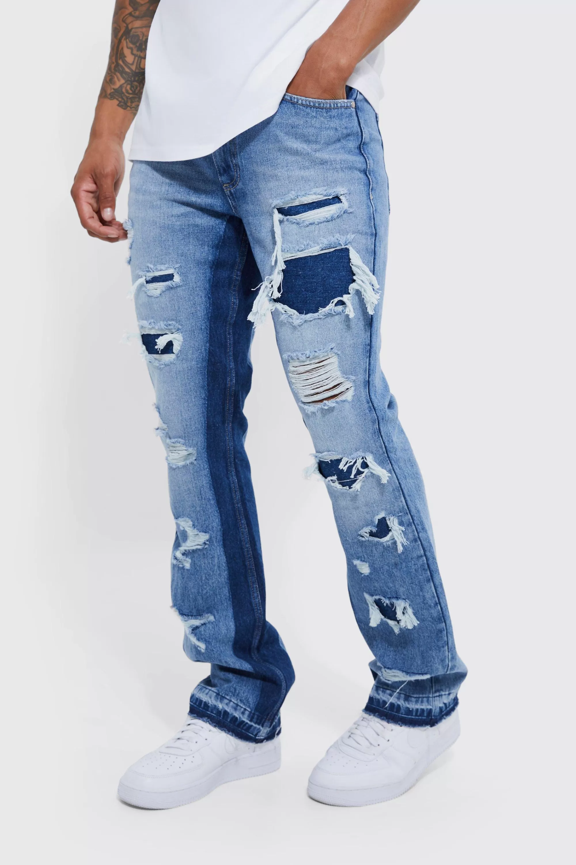 boohooMAN Slim Rigid Flare Panelled Ripped Jeans | UK