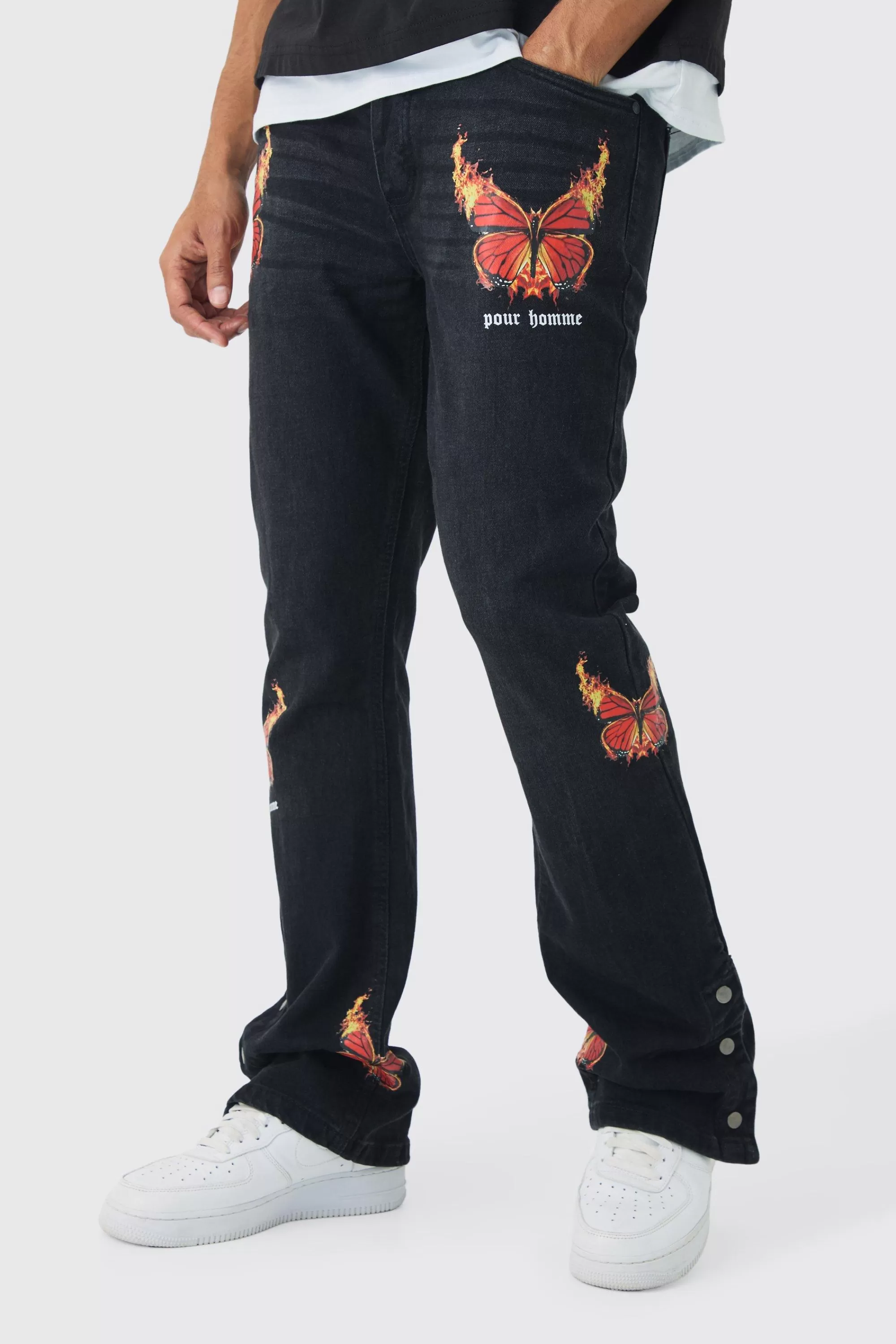 boohooMAN Slim Rigid Flare Popper Hem Graphic Butterfly Jeans | UK