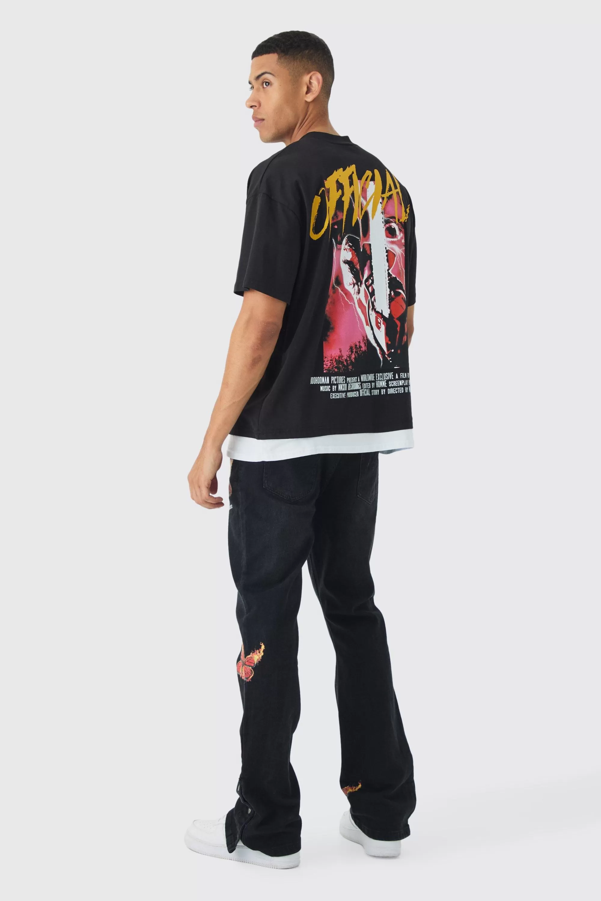 boohooMAN Slim Rigid Flare Popper Hem Graphic Butterfly Jeans | UK