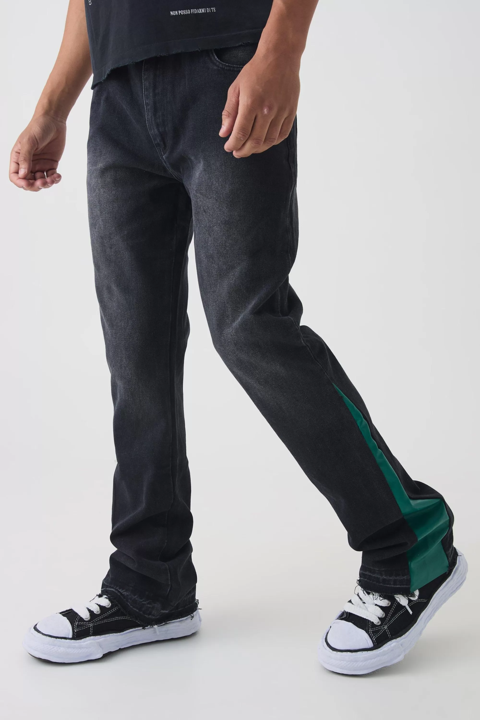 boohooMAN Slim Rigid Flare Pu Gusset Jeans | UK