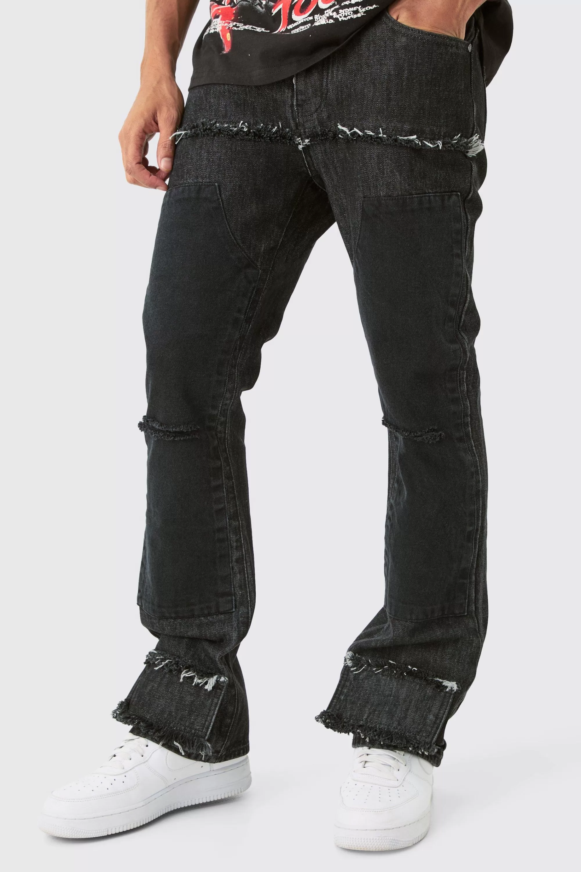 boohooMAN Slim Rigid Flare Ripped Carpenter Overdye Denim Jean In | UK