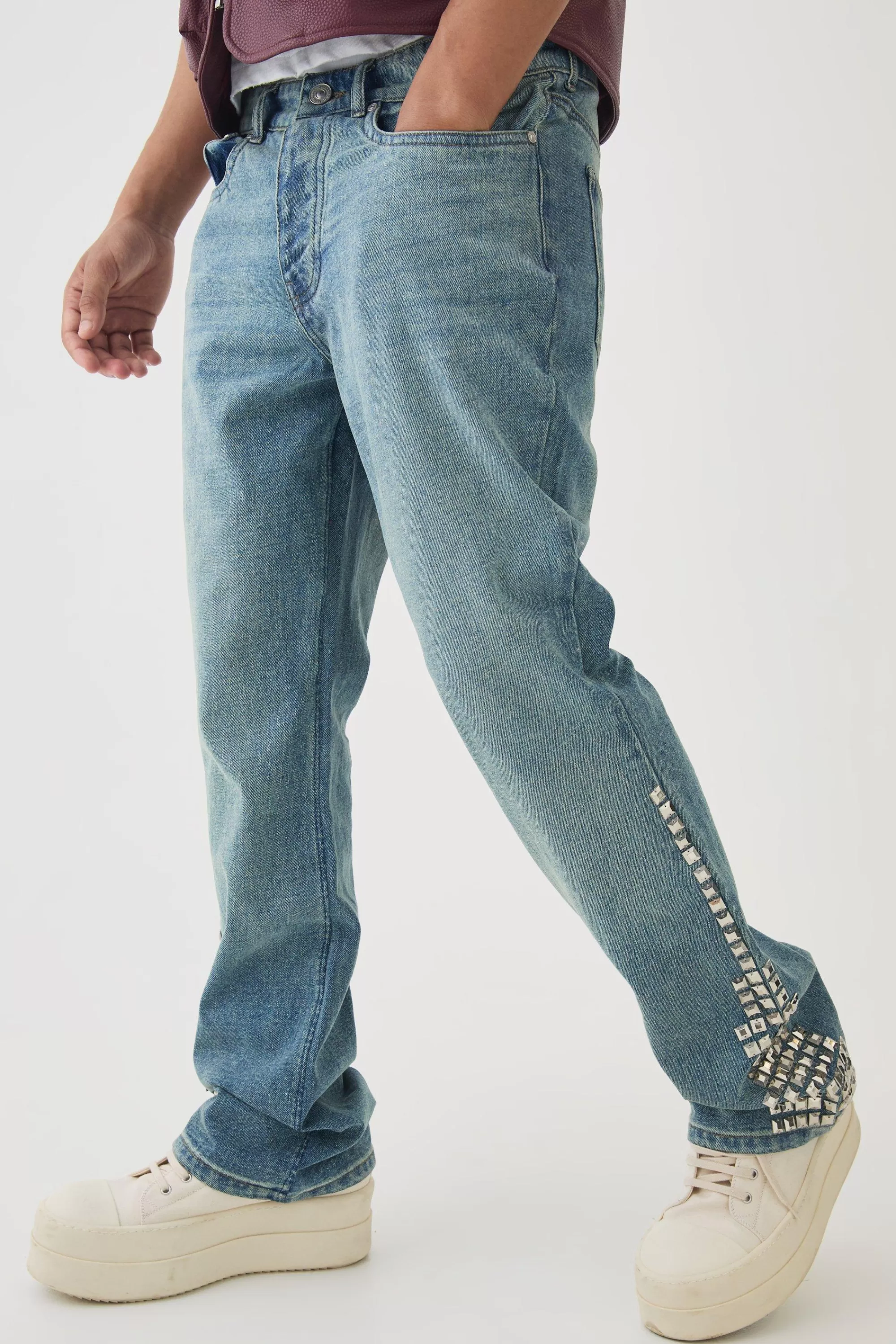 boohooMAN Slim Rigid Flare Studded Jeans | UK