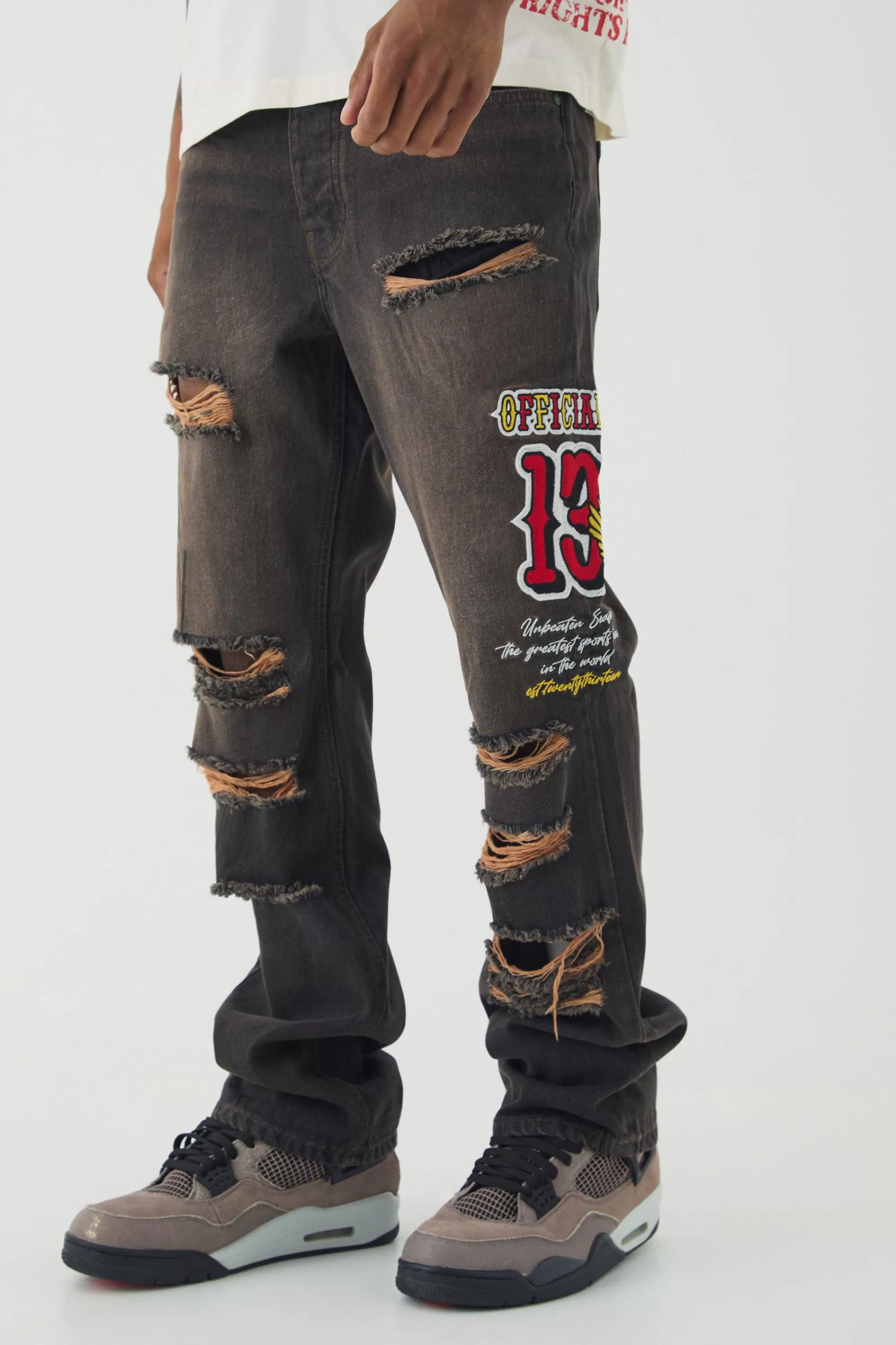 boohooMAN Slim Rigid Flare Varsity Applique Wash Jeans | UK