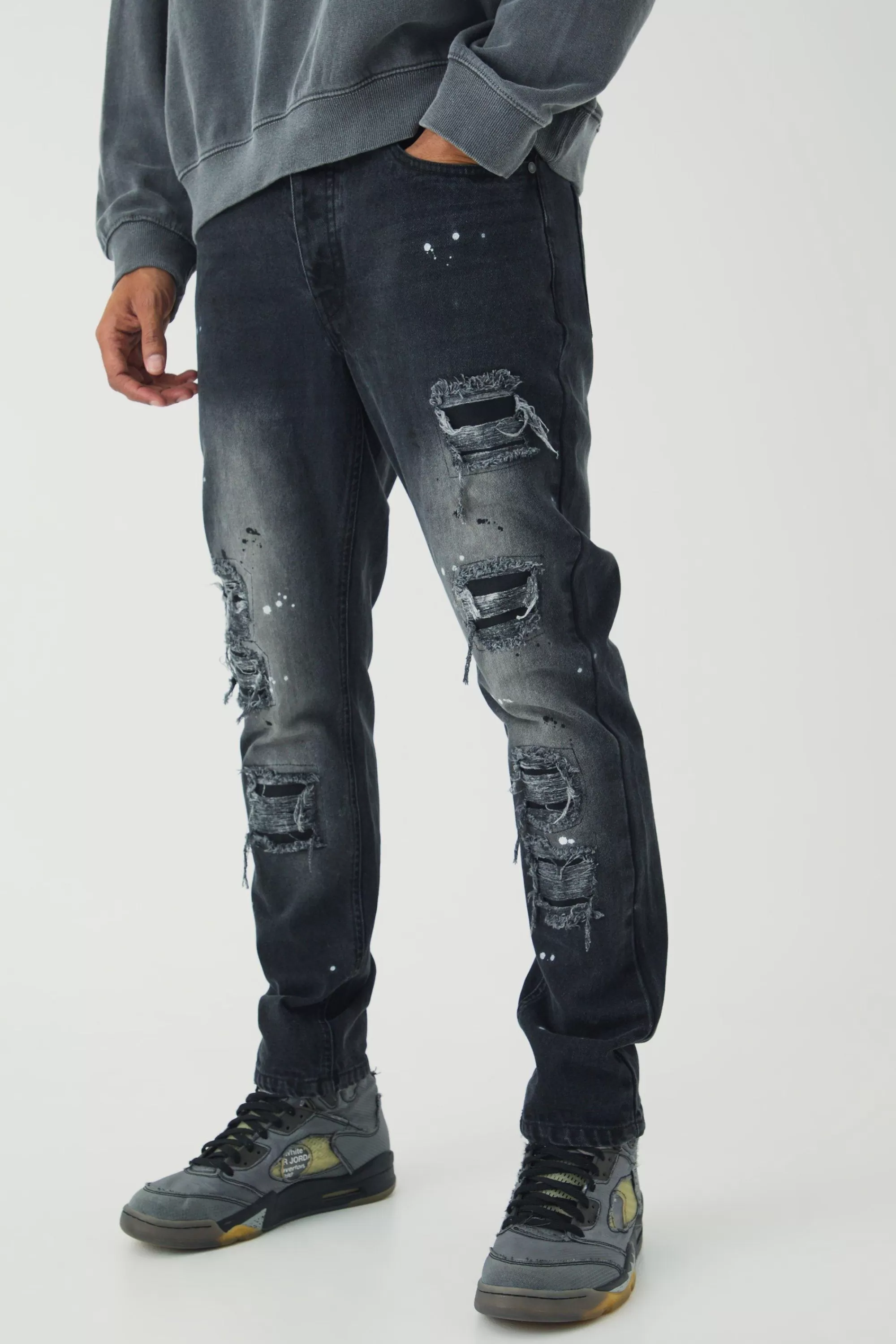 boohooMAN Slim Rigid Paint Splat Ripped Jeans | UK