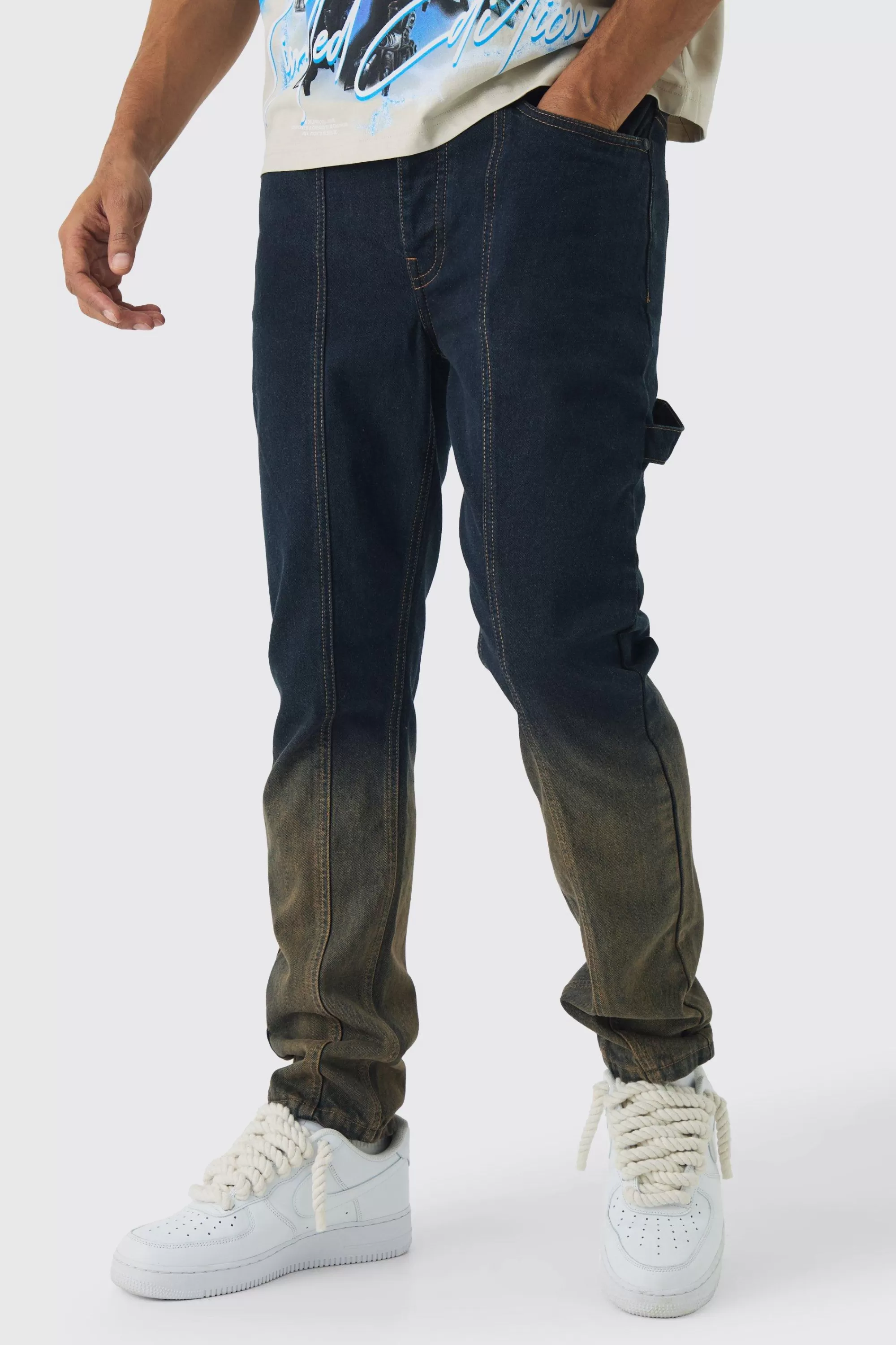 boohooMAN Slim Rigid Pintuck Carpenter Ombre Denim Jeans | UK