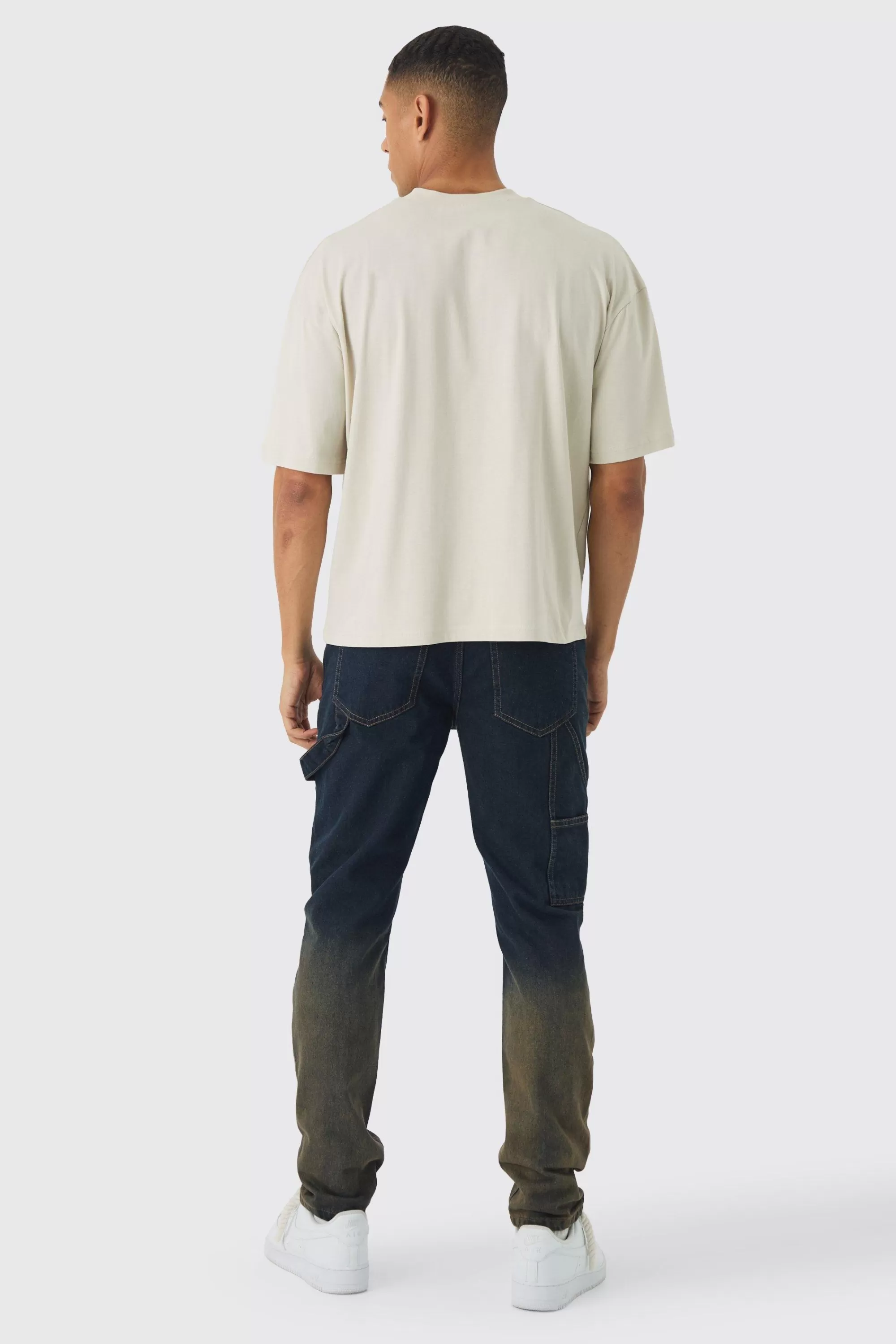 boohooMAN Slim Rigid Pintuck Carpenter Ombre Denim Jeans | UK