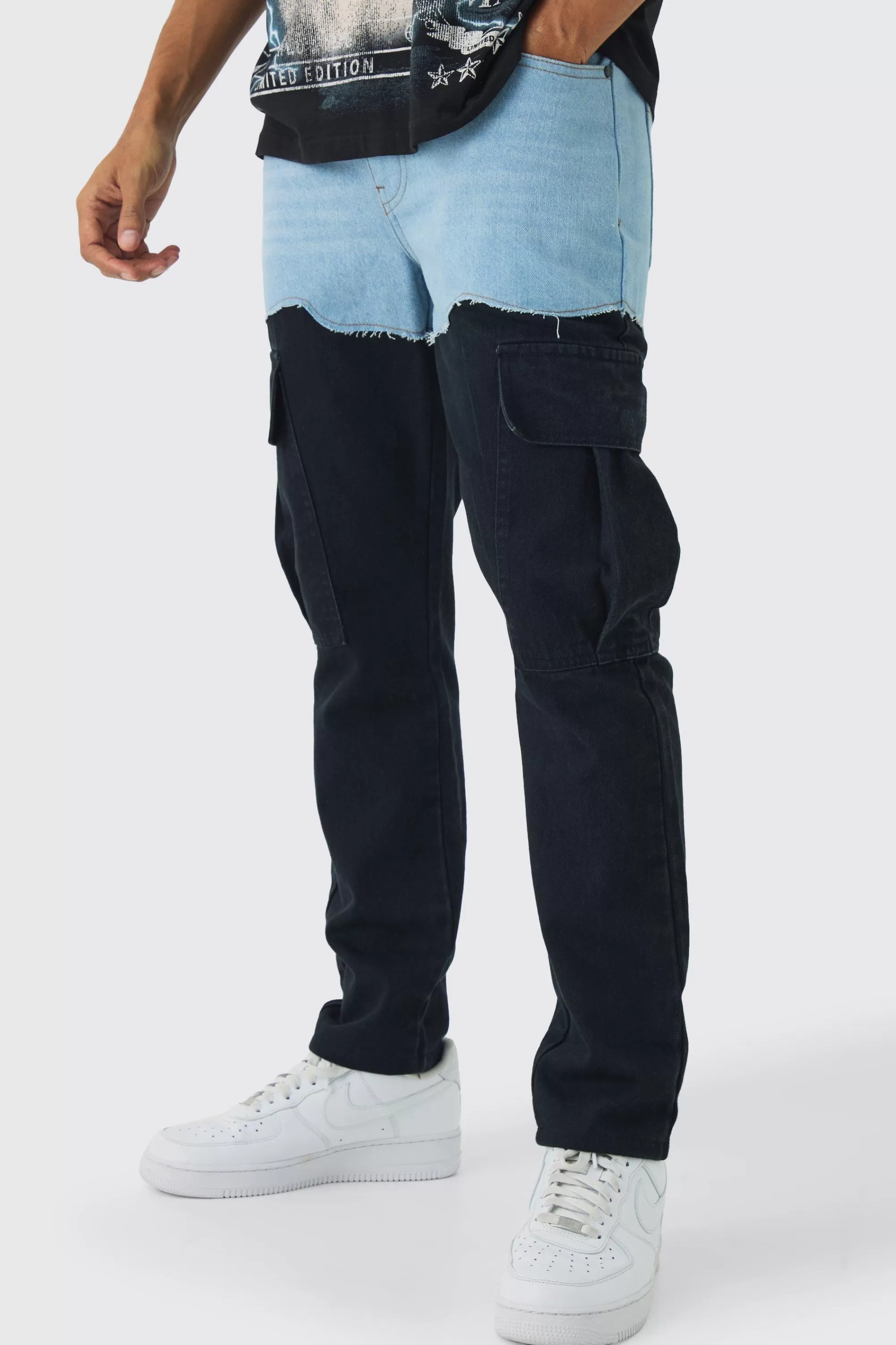 boohooMAN Slim Rigid Spliced Cargo Denim Jeans | UK