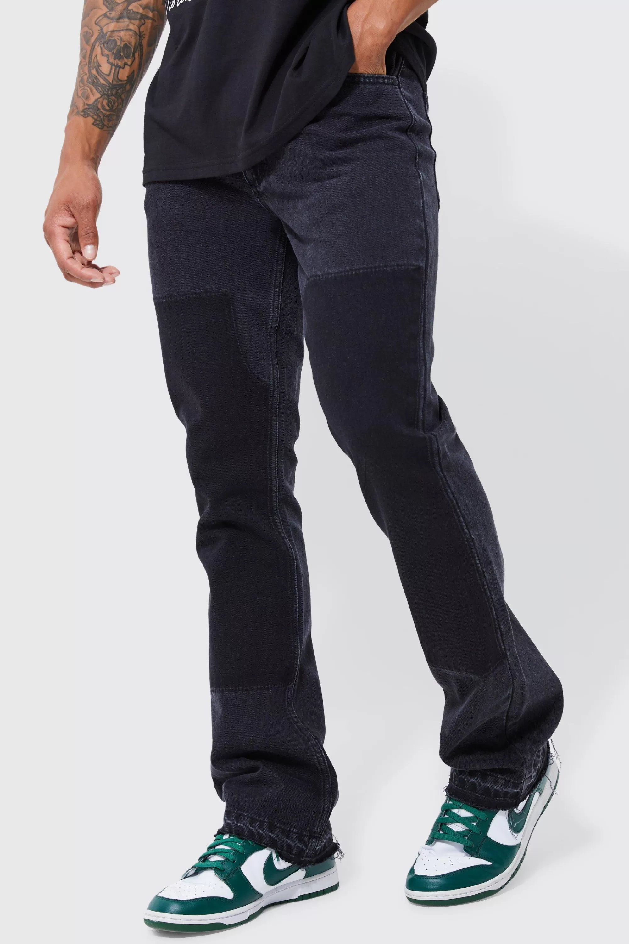 boohooMAN Slim Rigid Worker Panel Flare Jeans | UK