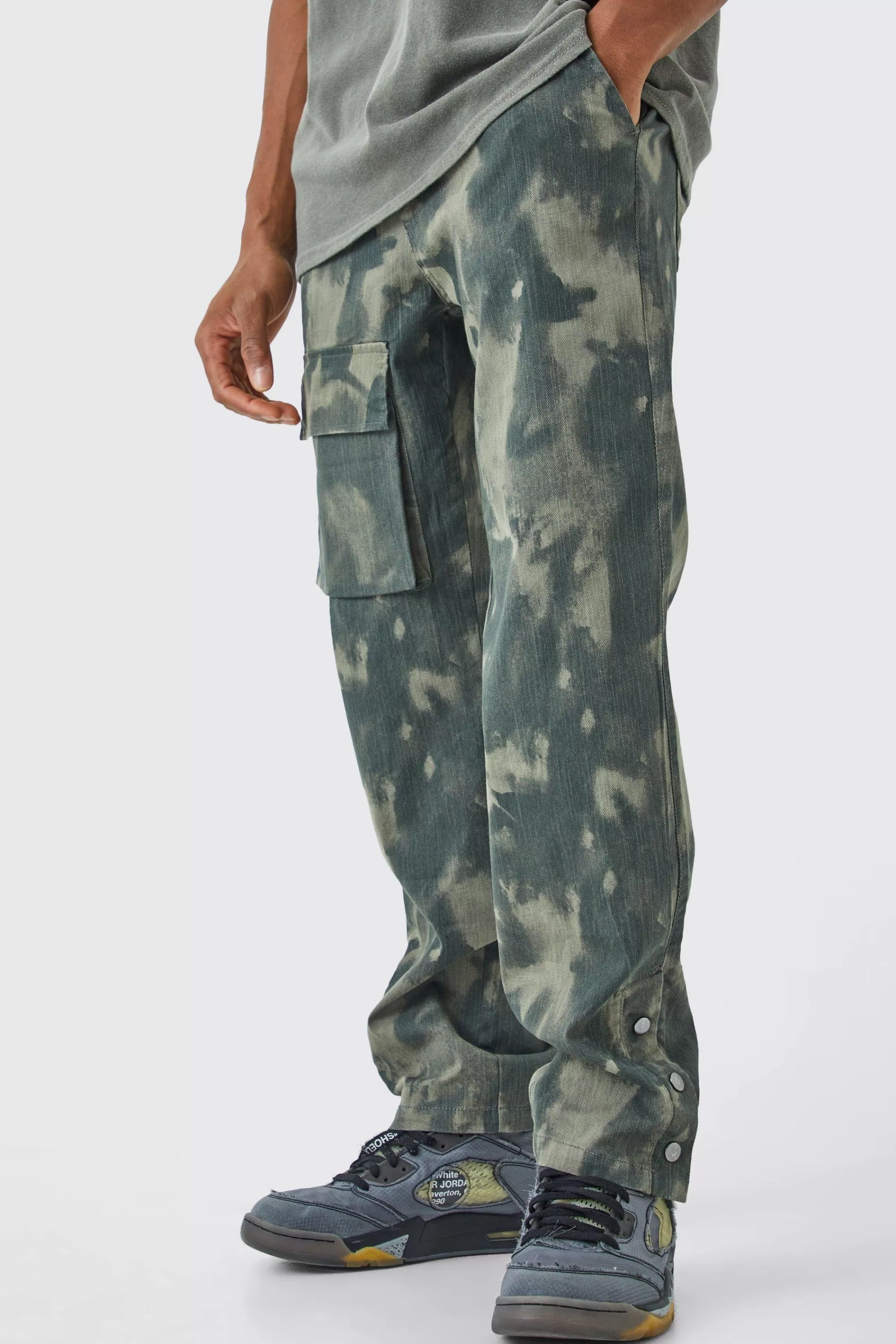 boohooMAN Slim Smoke Camo Cargo Trouser With Popper Hem | UK